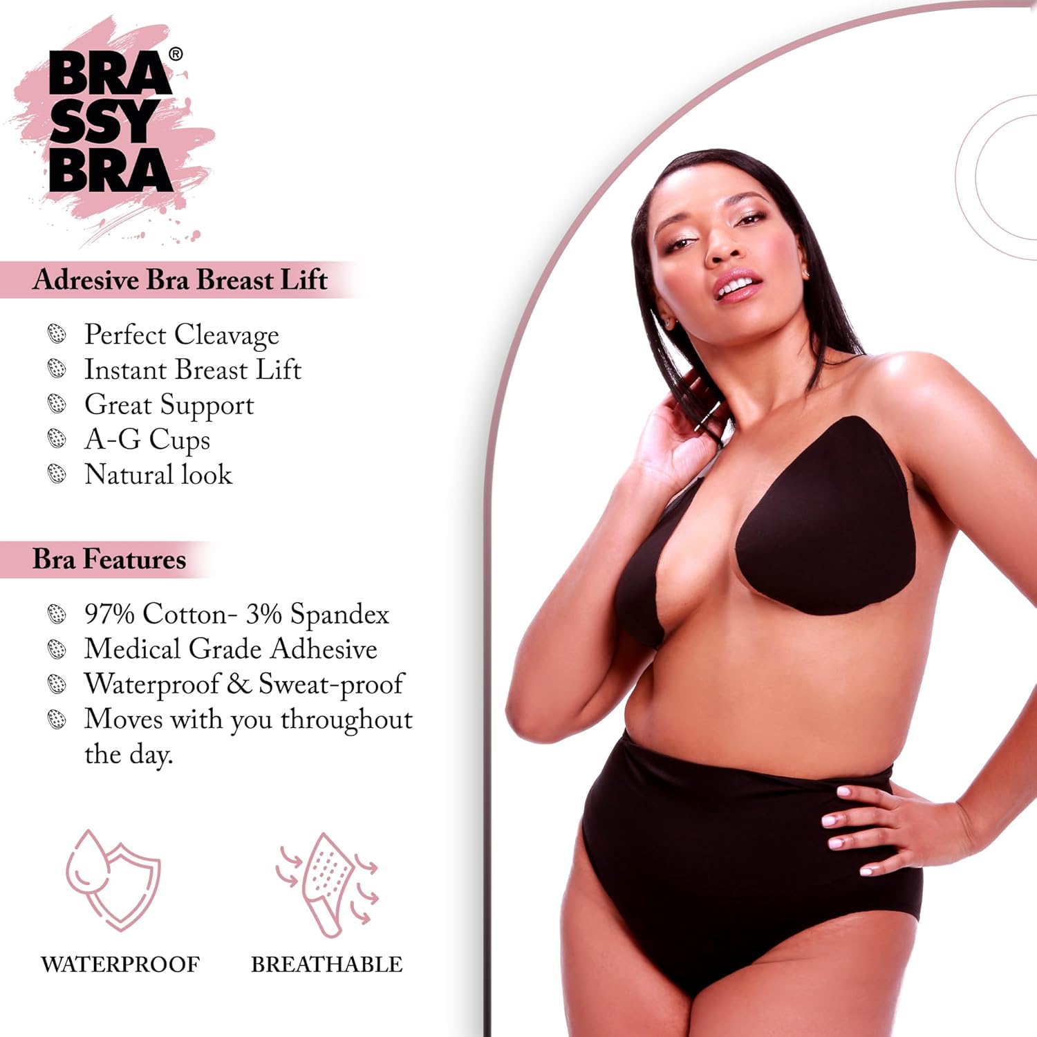 brassybra Strapless Boob Tape for A-G Cups, Strong Breast Lift Tape & Adhesive Bras, Breathable, Sweat-Proof & Waterproof with 3 Pairs Nipple Covers, Bra Tape for All Day Wear Chocolate