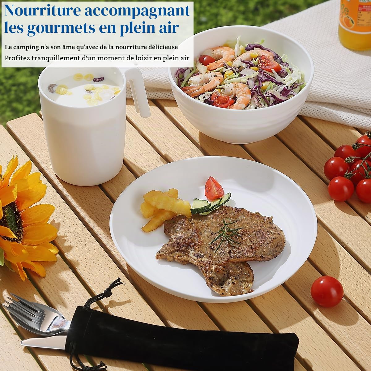 Kit d'ustensiles de Camping Reanea amping Mess pour Voyage, Camping, Pique-Nique, Plein air, équipement de Camping Comprenant Couteau, cuillère, Fourchette, Couverts, Tasse, Bol, Assiette, Essentiel