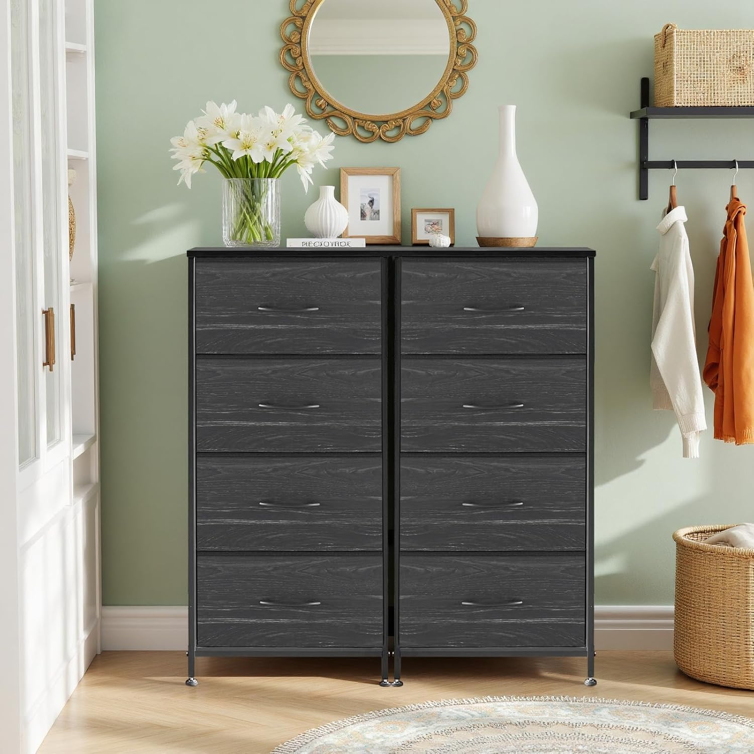 Nightstand, 4 Drawer Dresser End Table Bedside Furniture with Wooden Top Steel Frame Fabric Bins for Bedroom, Closet, Entryway, Dorm, Living Room, Charcoal Black