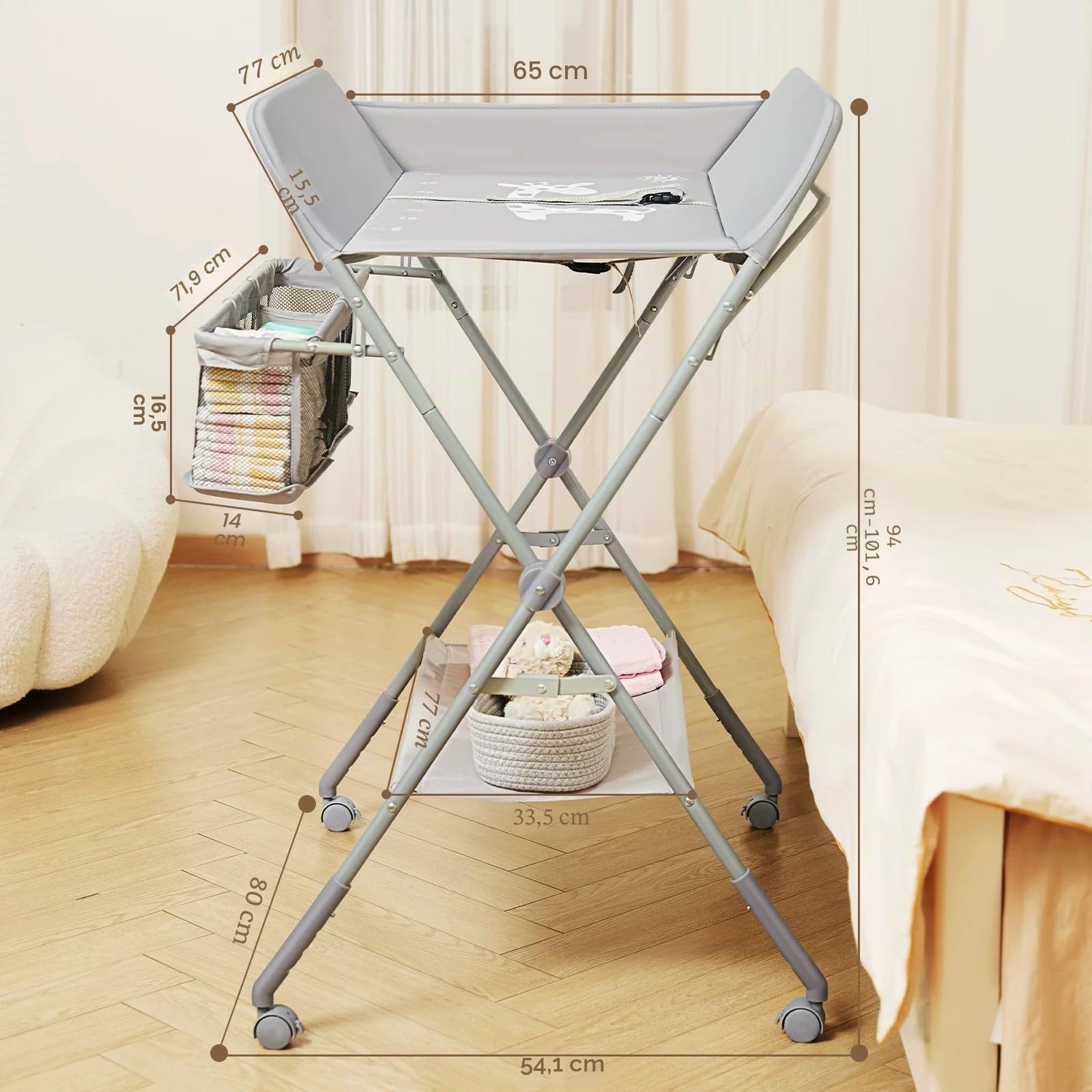 KARAOK Table à Langer bébé avec roulettes, Station à Langer portative avec réglage de la Hauteur à 4 Niveaux et Support de Rangement pour Nouveau-né, bébé (Gris Clair)