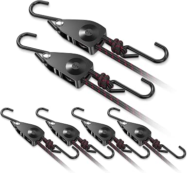 VIPARSPECTRA Ratchet Tie Down Straps, 1/4" Adjustable Rope Hangers [2 Pack, 12FT, 150 lbs/Pack] Plus 1/4" Adjustable Rope Hangers [4 Pack, 12FT, 150 lbs/Pack] Heavy Duty Kayak Pulley System with Hooks