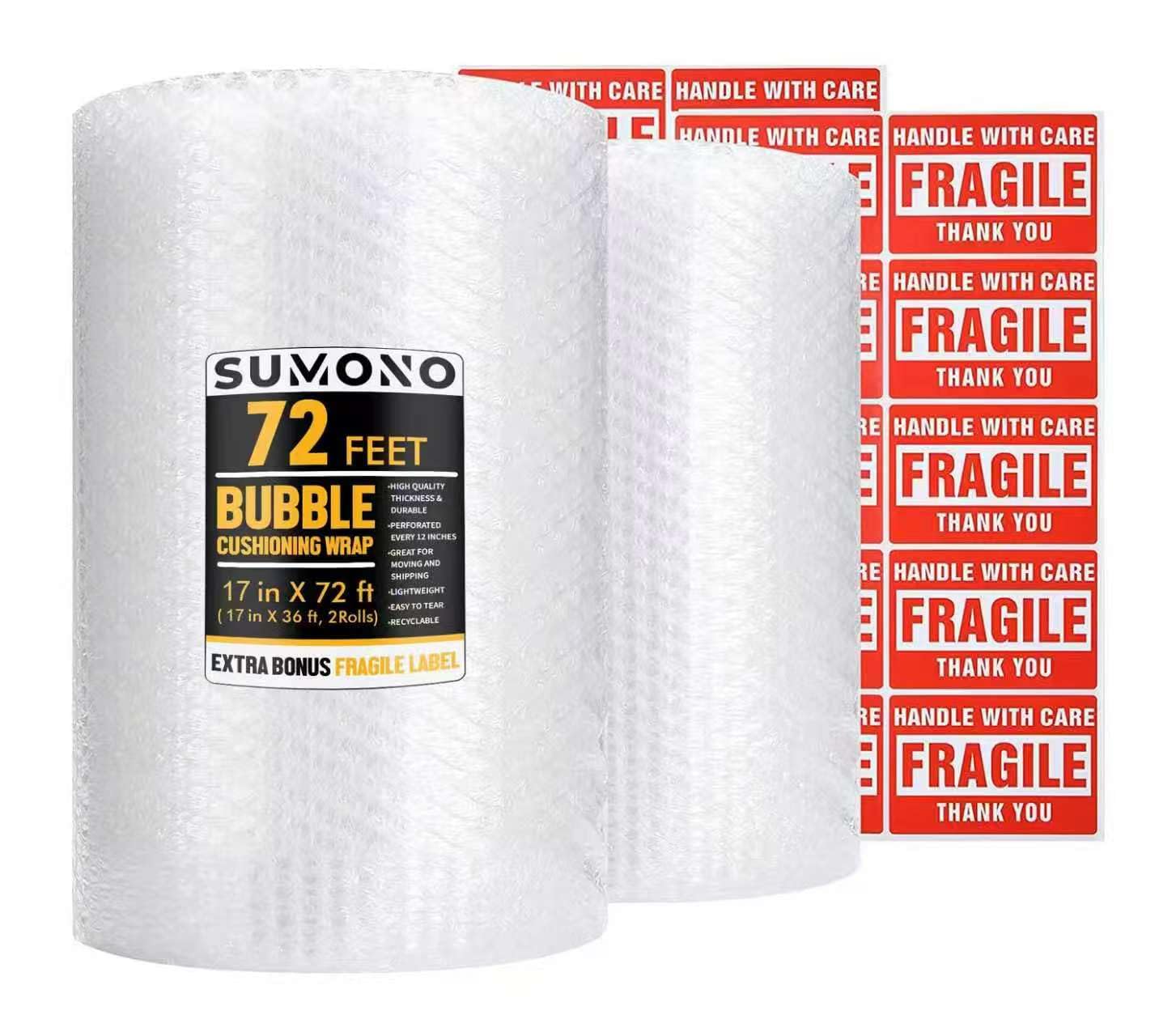 Rotolo di pluriball, 43 cm x 200 m in totale [2 rotoli da 10 piedi] Rotolo di pluriball perforato da 30,5 cm incluso 20 etichette adesive fragili