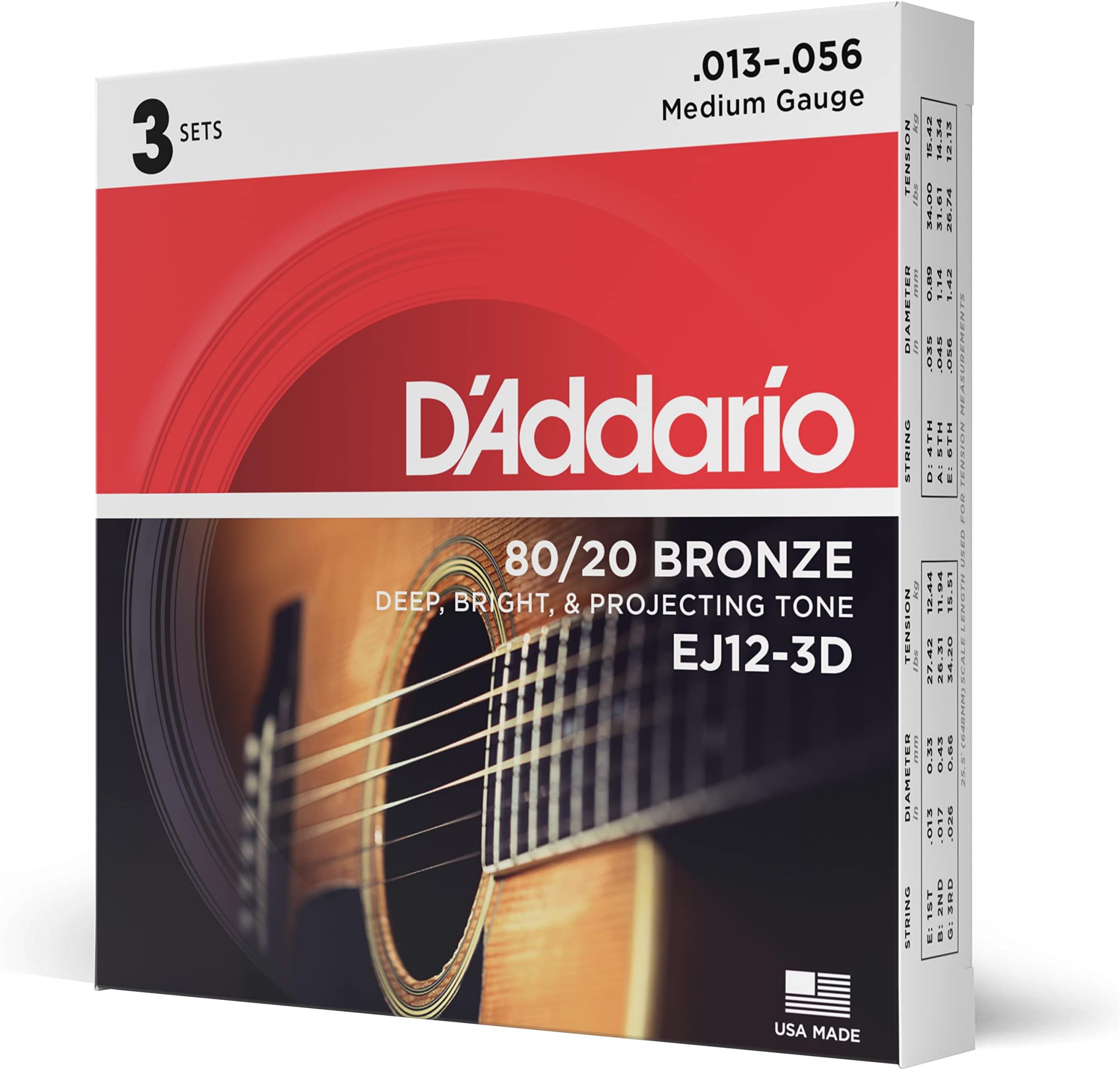 D'Addario EJ12-3D 80/12 Bronze Acoustic Guitar Strings, 13-56, 3 Sets, Medium