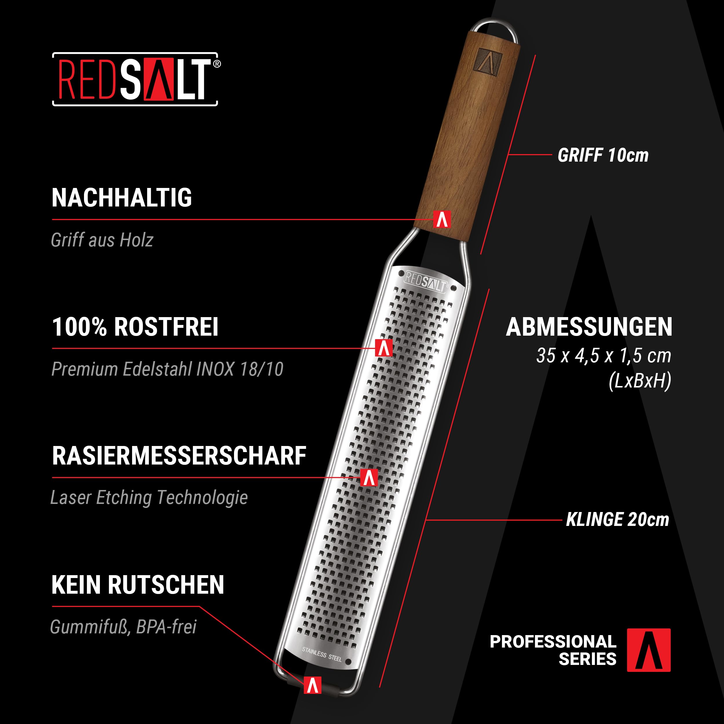 REDSALT Premium Zester grattugia in acciaio inox con manico in legno e piedini in gomma per la cucina, ideale per limoni, zenzero, carote, verdure, parmigiano, formaggio | affettatrice professionale
