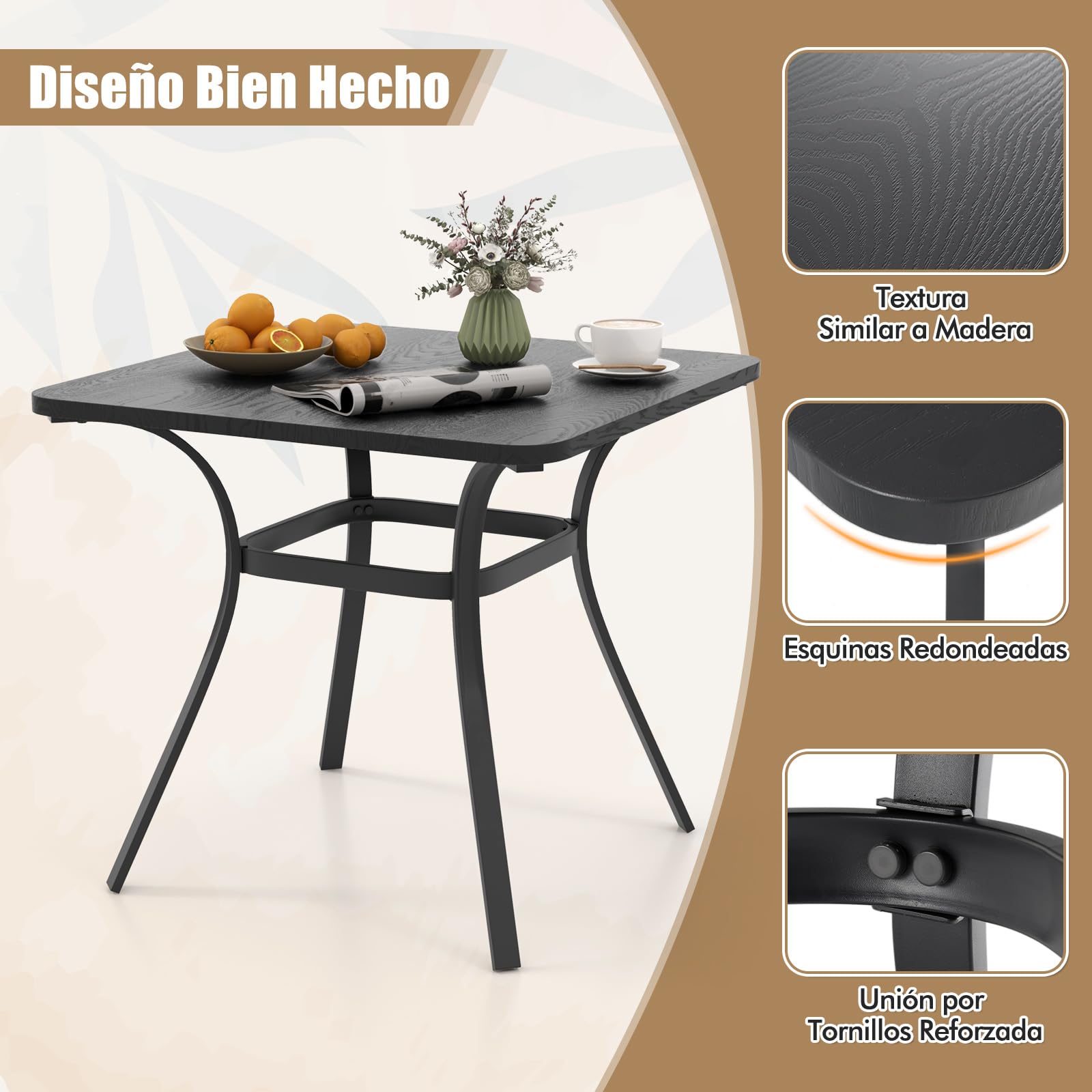 COSTWAY Mesa Jardín Exterior 80X79 CM, Cuadrada para 4, Patas Curvas, Estructura de Metal, Terraza Balcón, Gris