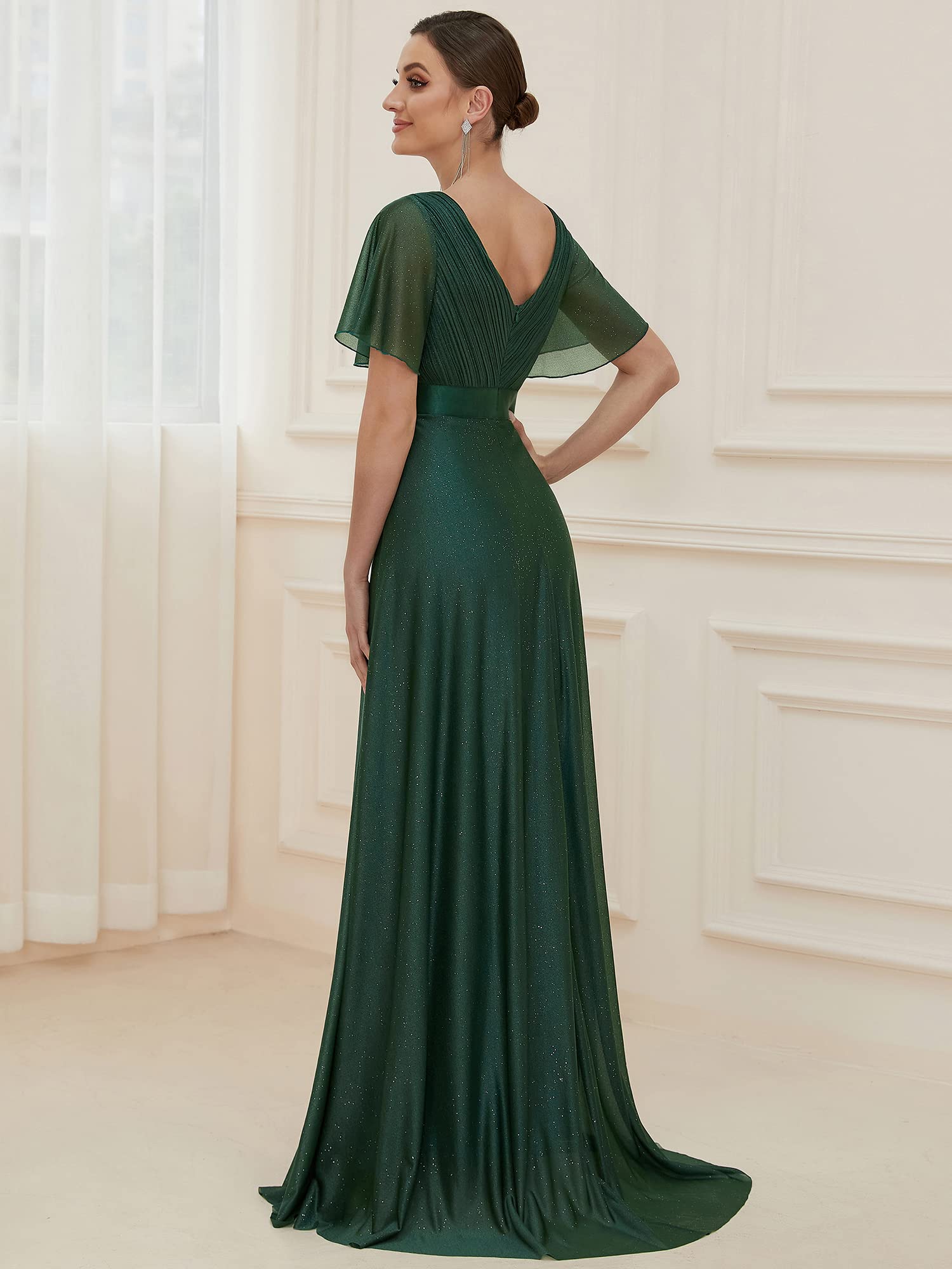 Ever-Pretty Vestido de Fiesta A-línea Largo para Mujer Escote en V Manga Corta Plisado con Lentejuelas Verde Oscuro 44