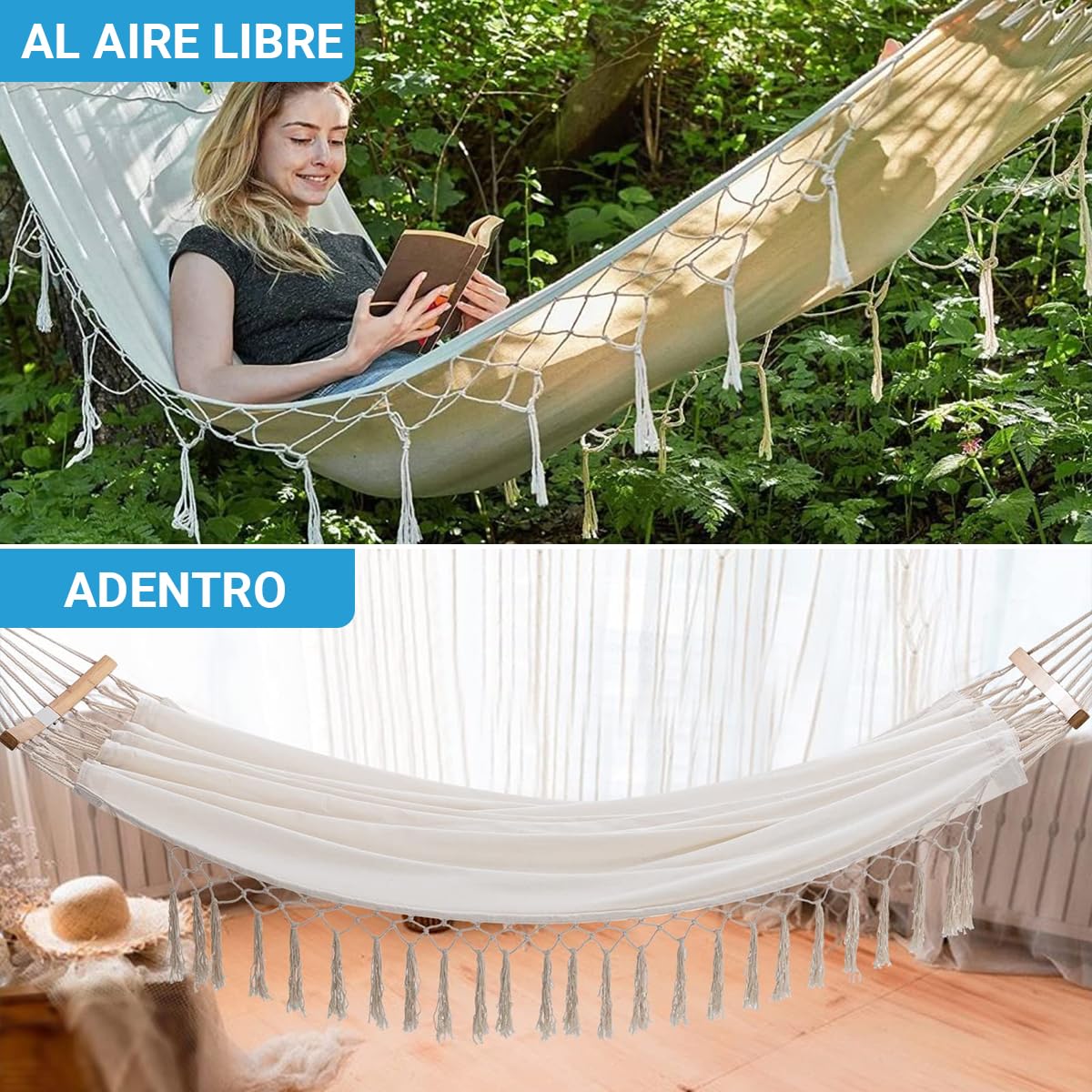 Fleau Goods Luxe Hamaca con Varilla - Elegante Franja - 100% Algodón - Cómodo - Incluye Material para Colgar y Bolsa de Transporte - 100 x 200 cm