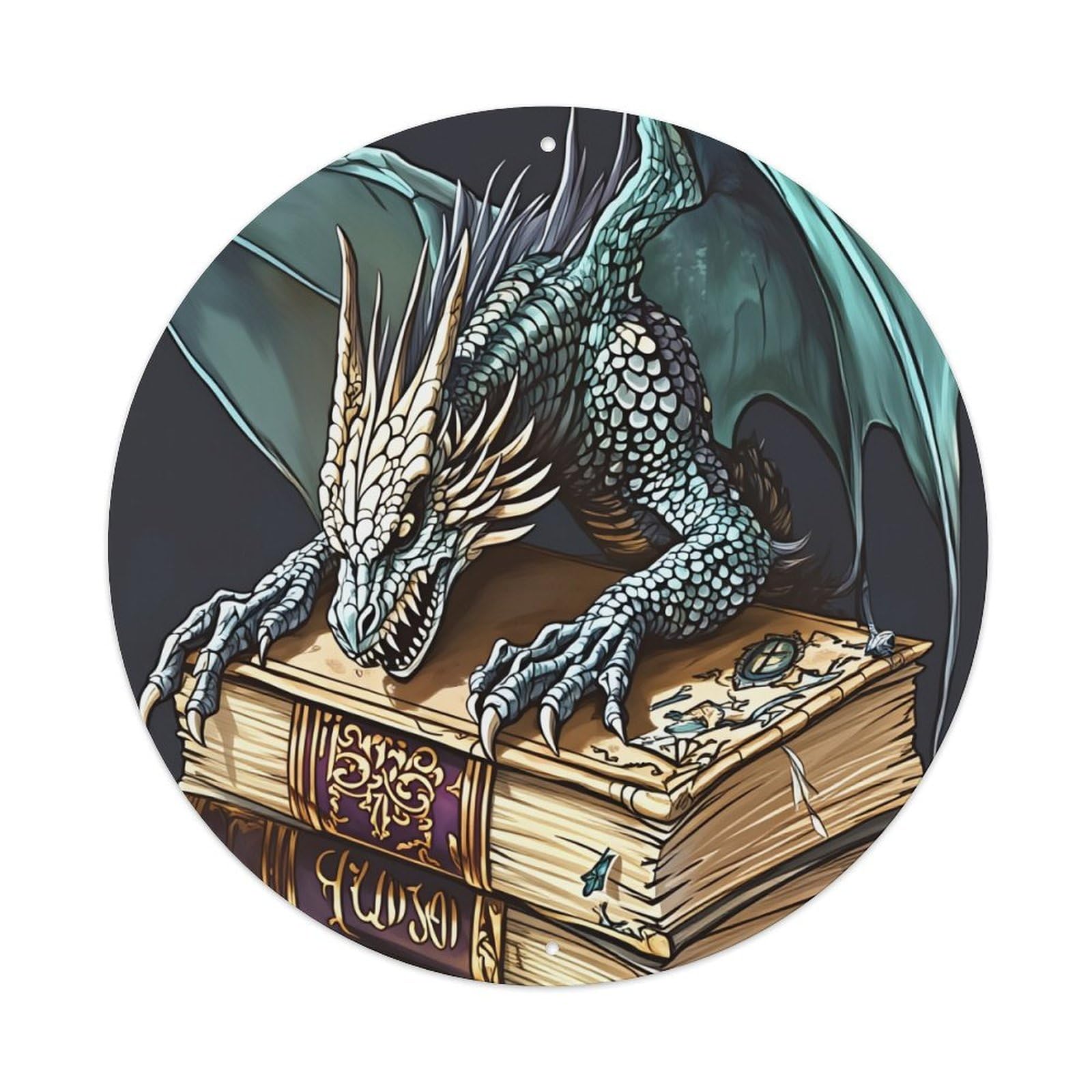 Dragon Book Stack Fantasy Art Round Tin Sign Retro Metal Sign for Cafe Bar Pub Home Game Room Gym Club Wall Decoration Vintage Metal Poster 8x8 Inch