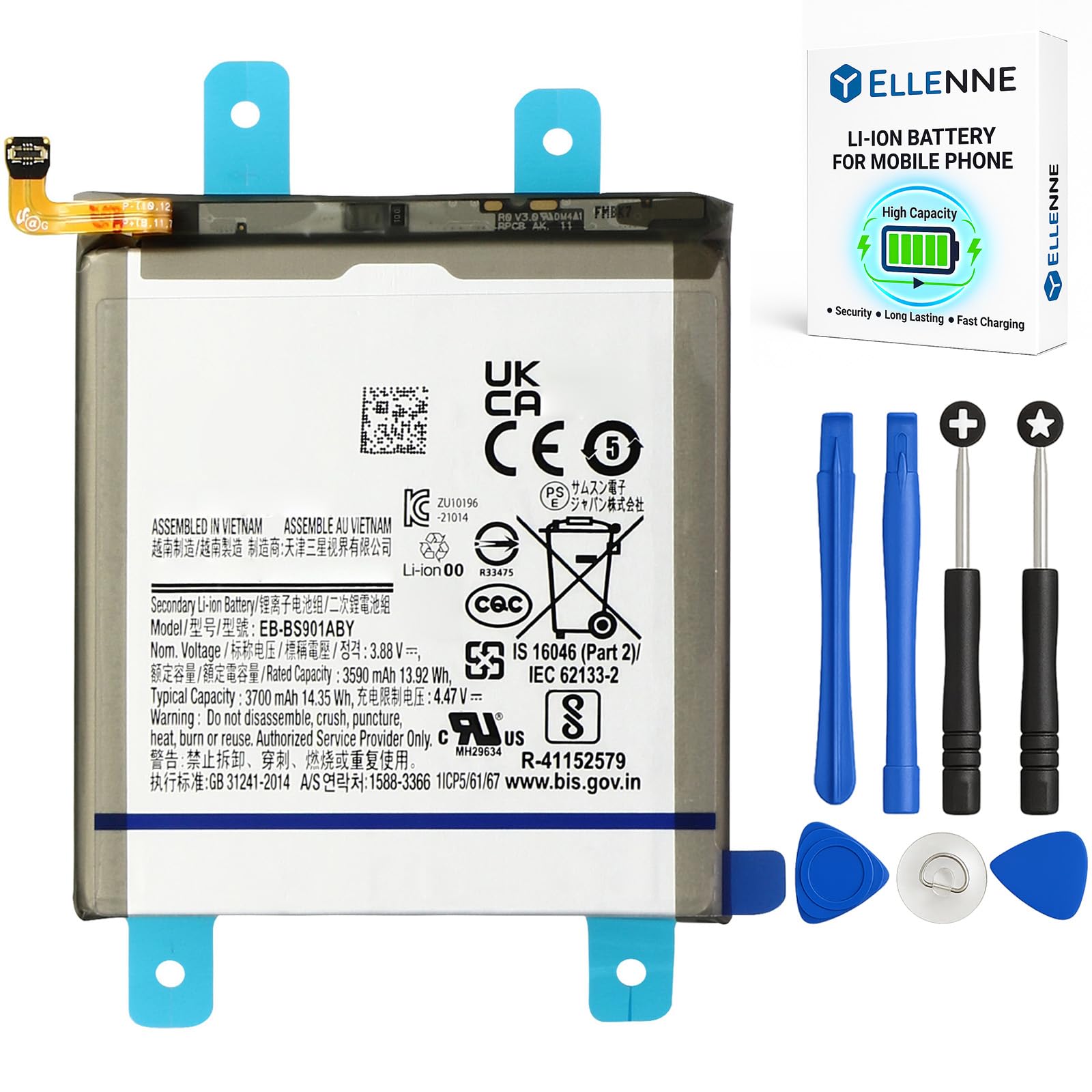 ELLENNE BATTERIA per Samsung S22 SM-S901 EB-BS901ABY con KIT ATTREZZI | Batteria per SAMSUNG GALAXY S22 SM-S901 EB-BS901ABY 3700mAh - Nuova con Kit attrezzi per lo smontaggio