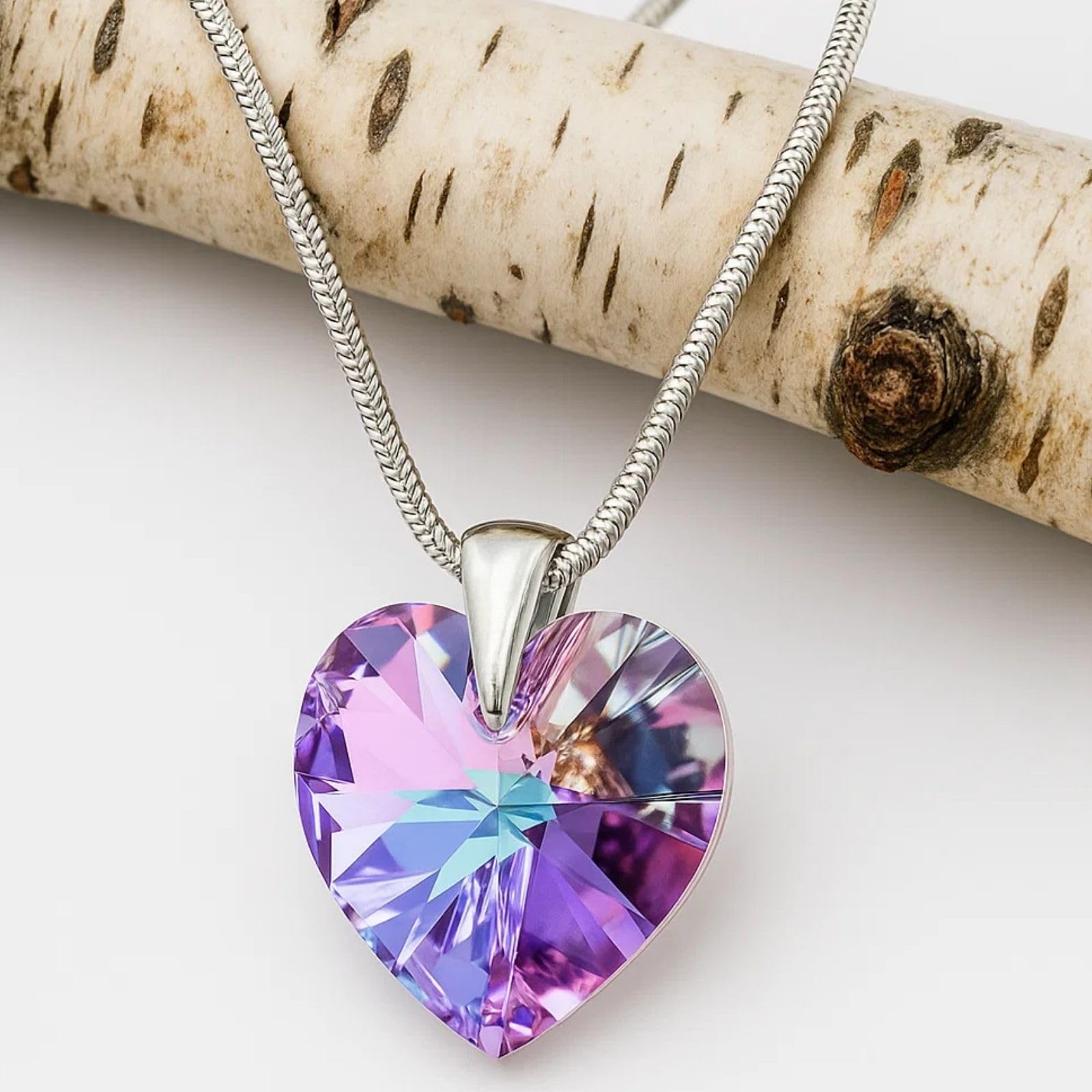 LillyMarie Collar De Mujer En Plata De Ley Con Colgante De Corazón Multicolor Violeta Y Longitud Ajustable