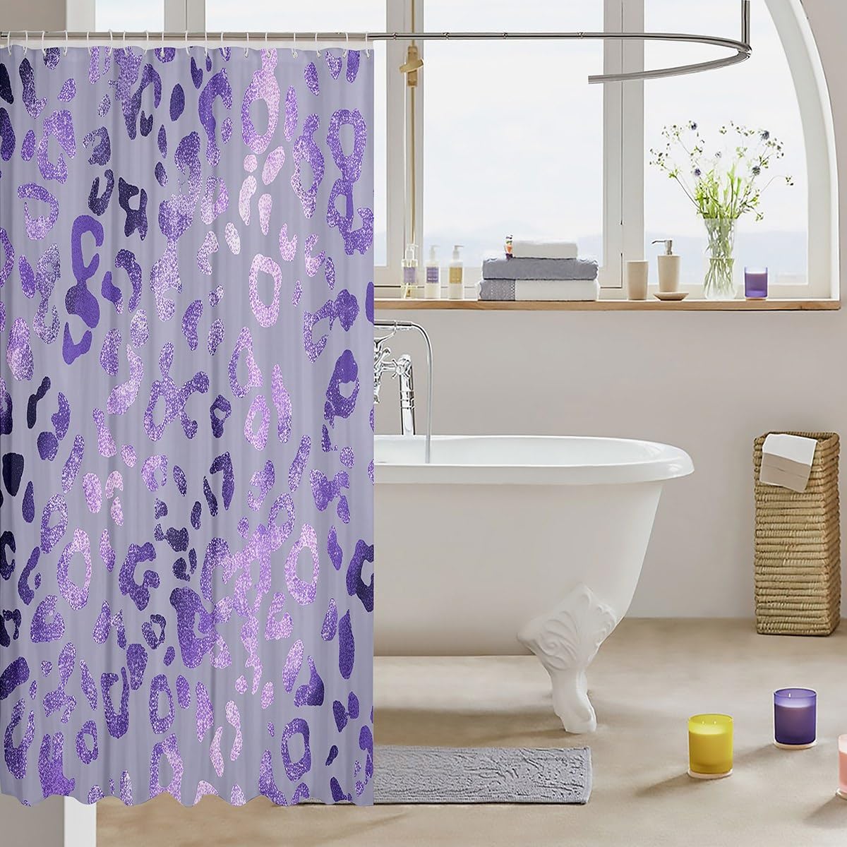 Decorative Purple Leopard Printed Shower Curtain Waterproof Polyester Fabric,Purple Glitter Bath Curtain Home Bathroom Decor Hanging Curtain with Hooks 72 x 78 Inch,Machine Washable