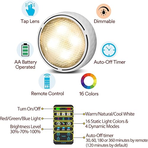 Miniatura 10 de Luces LED de disco con control remoto, luces inalámbricas de armario que funcionan con pilas, luces debajo del gabinete, luces de empuje, luces que