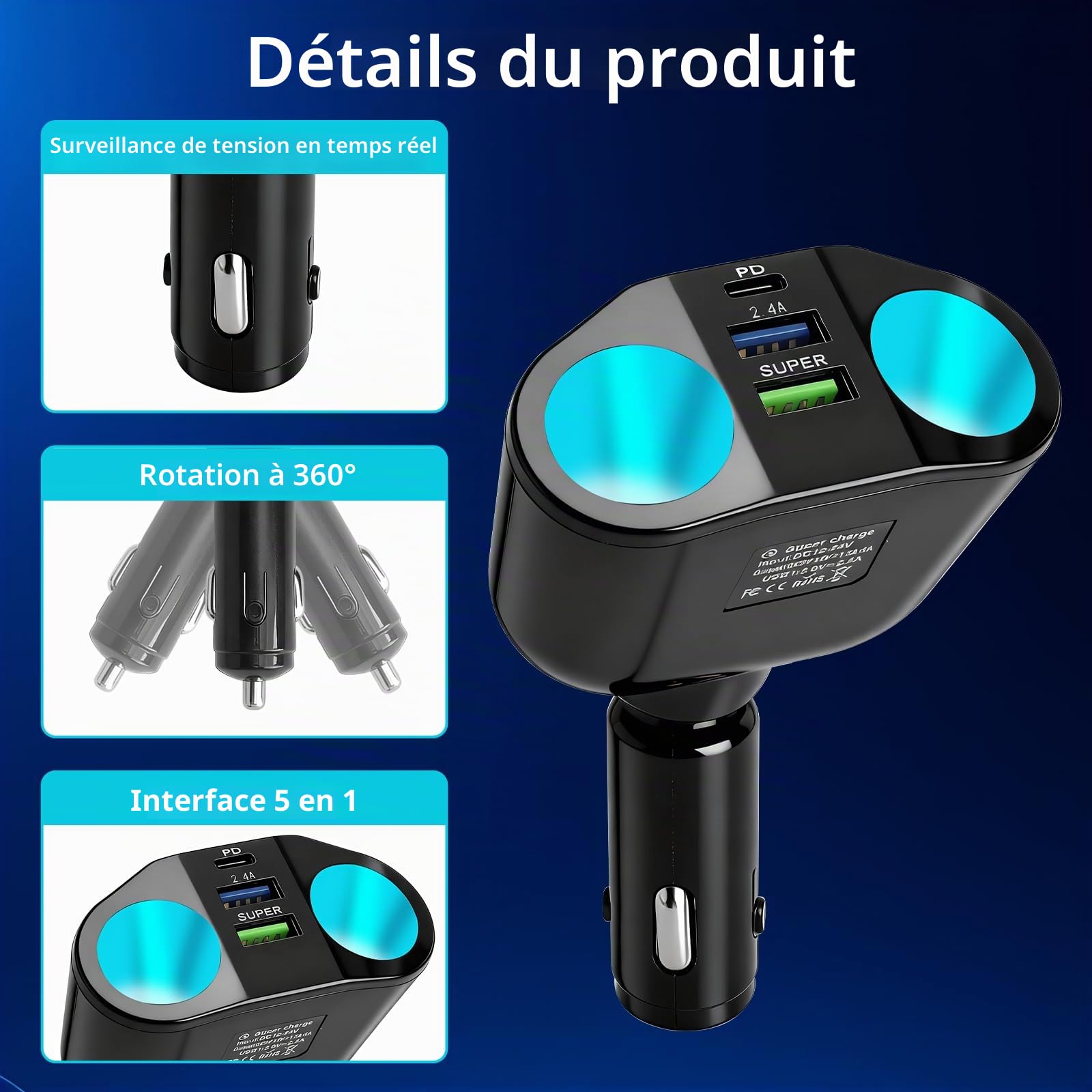5-en-1 Chargeur Voiture Allume-Cigare 120W, Multiprise Allume-Cigare | USB C avec Voltmètre LED Rotatif 360°, Adaptateur 12 V/24 V Compact et Sécurisé Voiture, Camion, Téléphone et Tablette, SUV