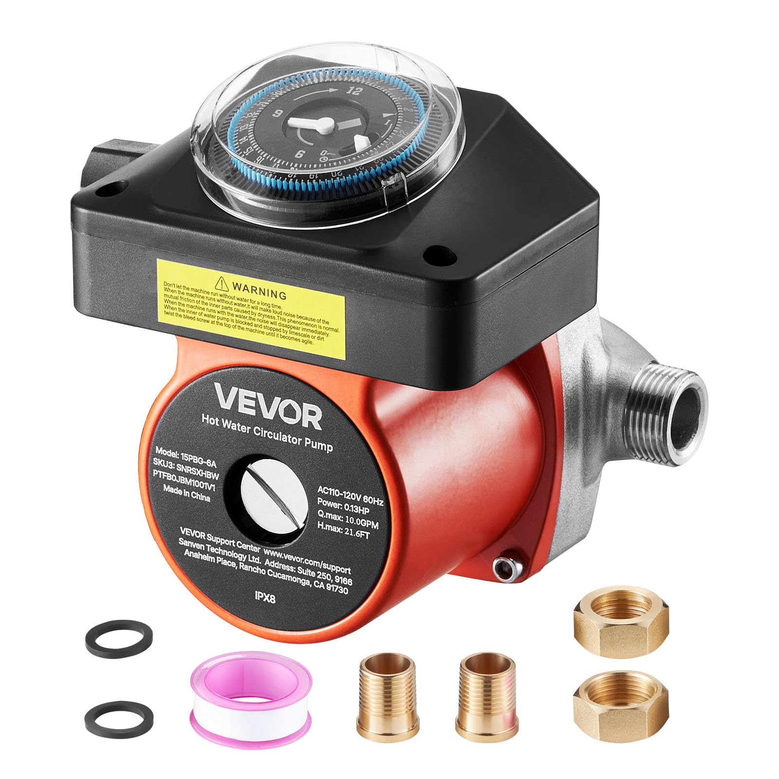 VEVOR Pompa di Ricircolo dell'Acqua Calda 38 L/min 100 W 220-240 V G3/4 G1/2