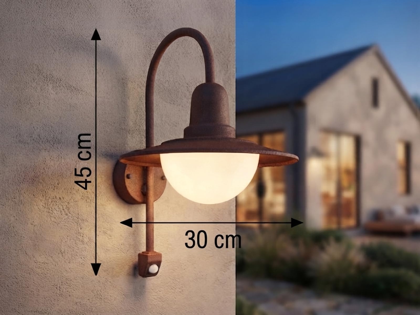 Lanterna da parete per esterni in alluminio, effetto ruggine, con sensore di movimento, altezza 45,5 cm