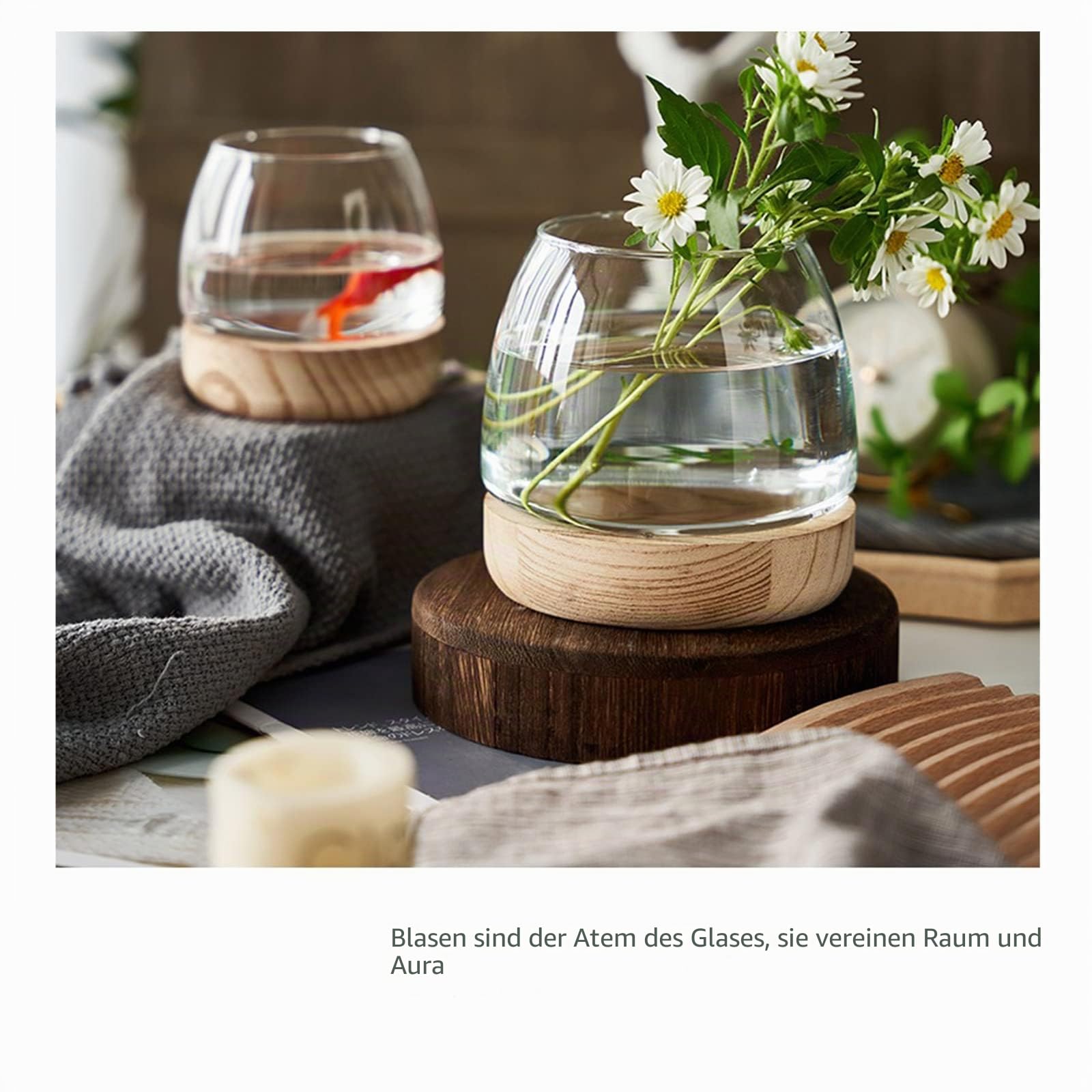 TITA-DONG Glas-Fischglasvase mit Abnehmbarem Holzsockel, Kleine Desktop-Glas-Fischglasvase, Hydrokultur-Pflanzen-Terrarium, ökologisches Aquarium, Glas-Blumenvase für Betta-Fische und Goldfische(A)