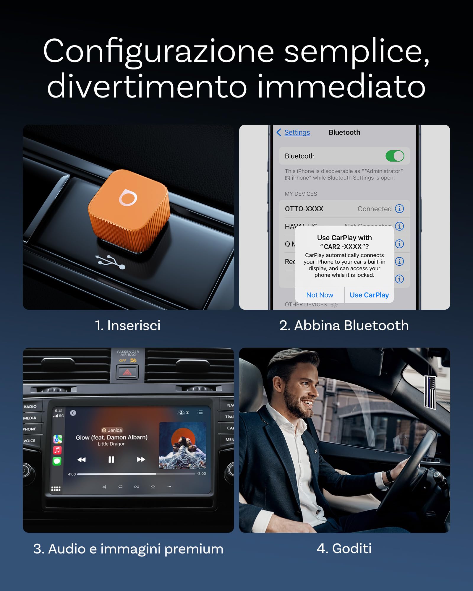 OTTOCAST MINI 3.0 Slim 2026 Adattatore CarPlay Wireless, 2-in-1 per iPhone & Android Auto, Converte CarPlay e Android Auto cablati in modalità senza fili, MINI Cube arancione