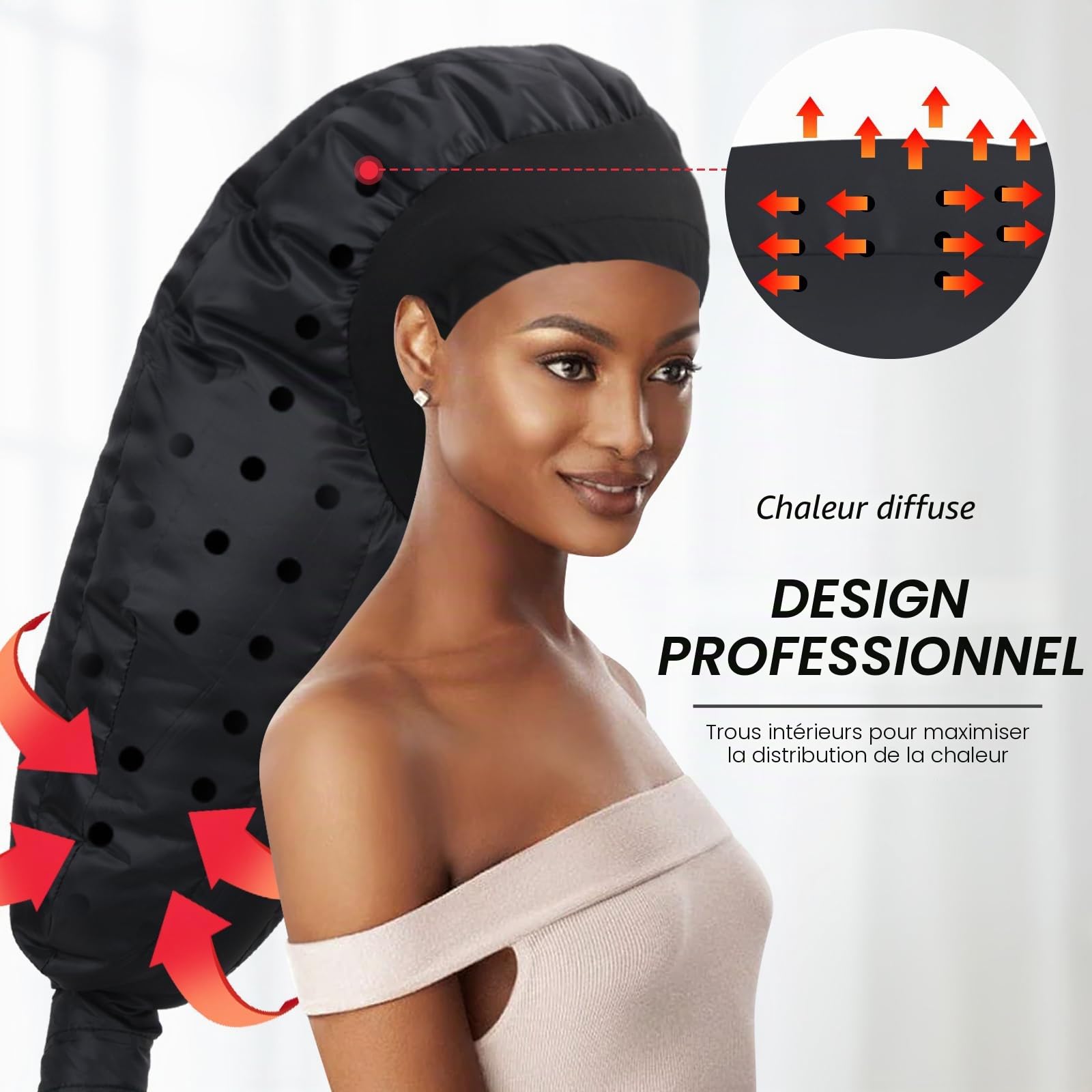 TEPENAR Bonnet Séchoir à Cheveux: Capuche Extra Large Réglable et Douce pour Cheveux Bouclés et Naturels - Séchage Rapide, Utilisation Facile - Noir