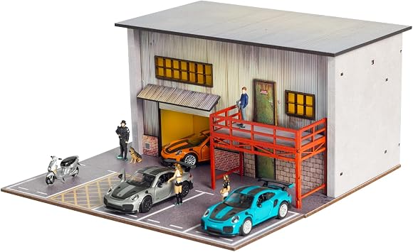 1/64 Scale Diecast Display Case, Wooden American Style Toy Car Garage Model with LED Light, 4-Parking Spaces Diorama Showcase for Hot Wheels and Matchbox Cars Storage