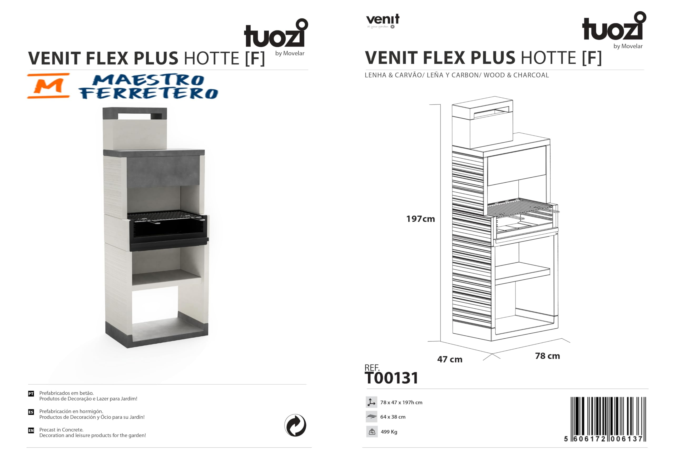 TUOZI - Barbacoa de Obra para Leña y Carbón Modelo VENIT FLEX PLUS HOTTE [F] (Gris/Blanco - 78 x 47 x 197 cm) REF: T00131 - Uso en Exteriores