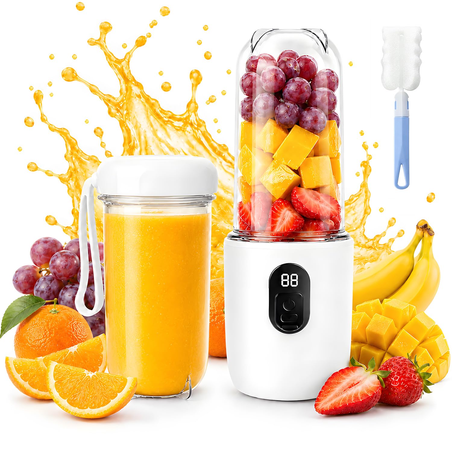 Mini Licuadora Portatil, 500 ml Mini Batidora Portatil con Pantalla Led, 16 Cuchillas Smoothie Maker con Cepillo de Limpieza, Licuadora Portatil Recargable para Batidos de Jugo y Batidos, Blanco