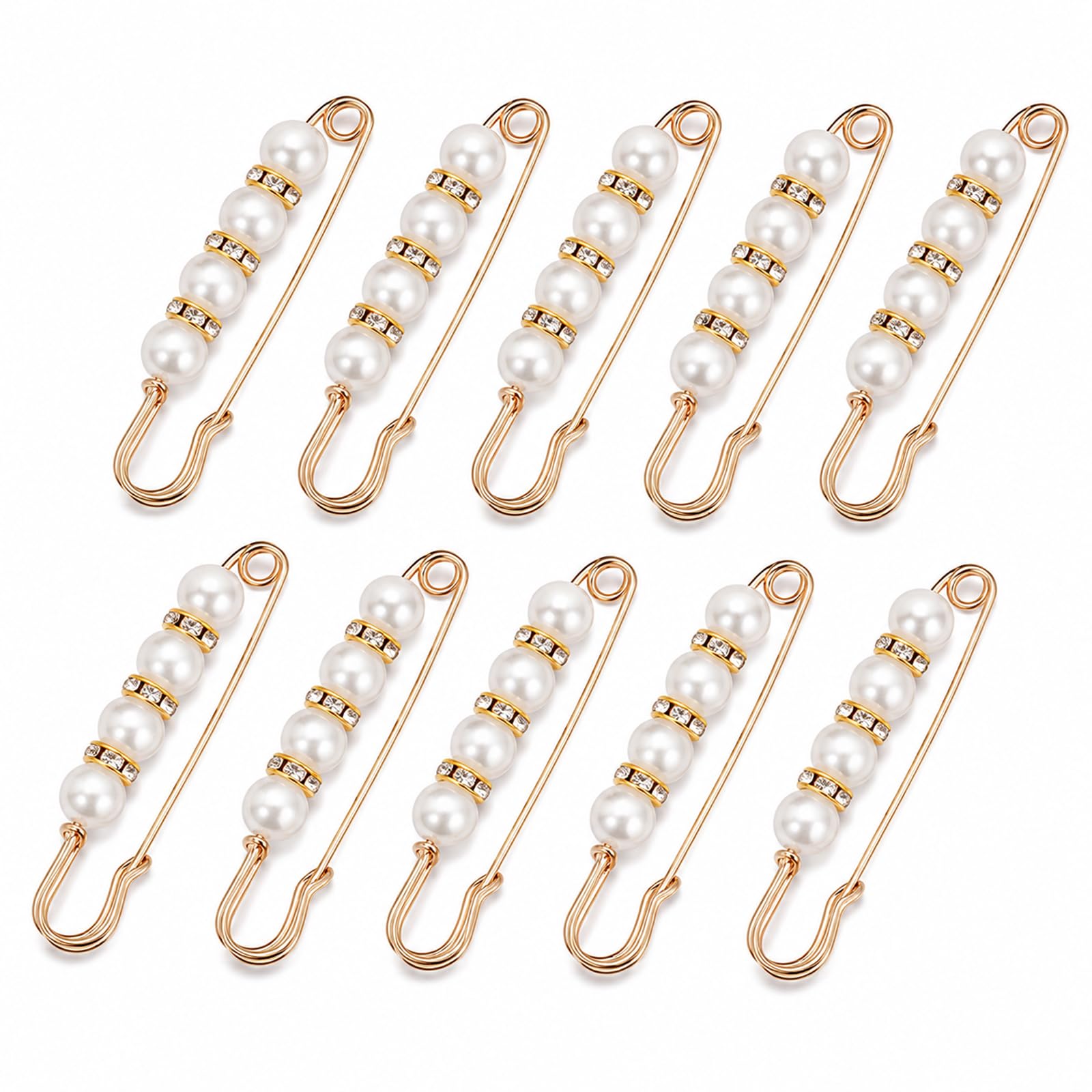 10 Pcs Waist Tightener Clips, Large Pearl Safety Pins for Pants & Skirts, No Sewing Adjustable Waist Cincher Clip, Decorative Brooch Pins for Trousers Shirts Dresses Shawl Cardigan Sweater, Gold 5.5cm
