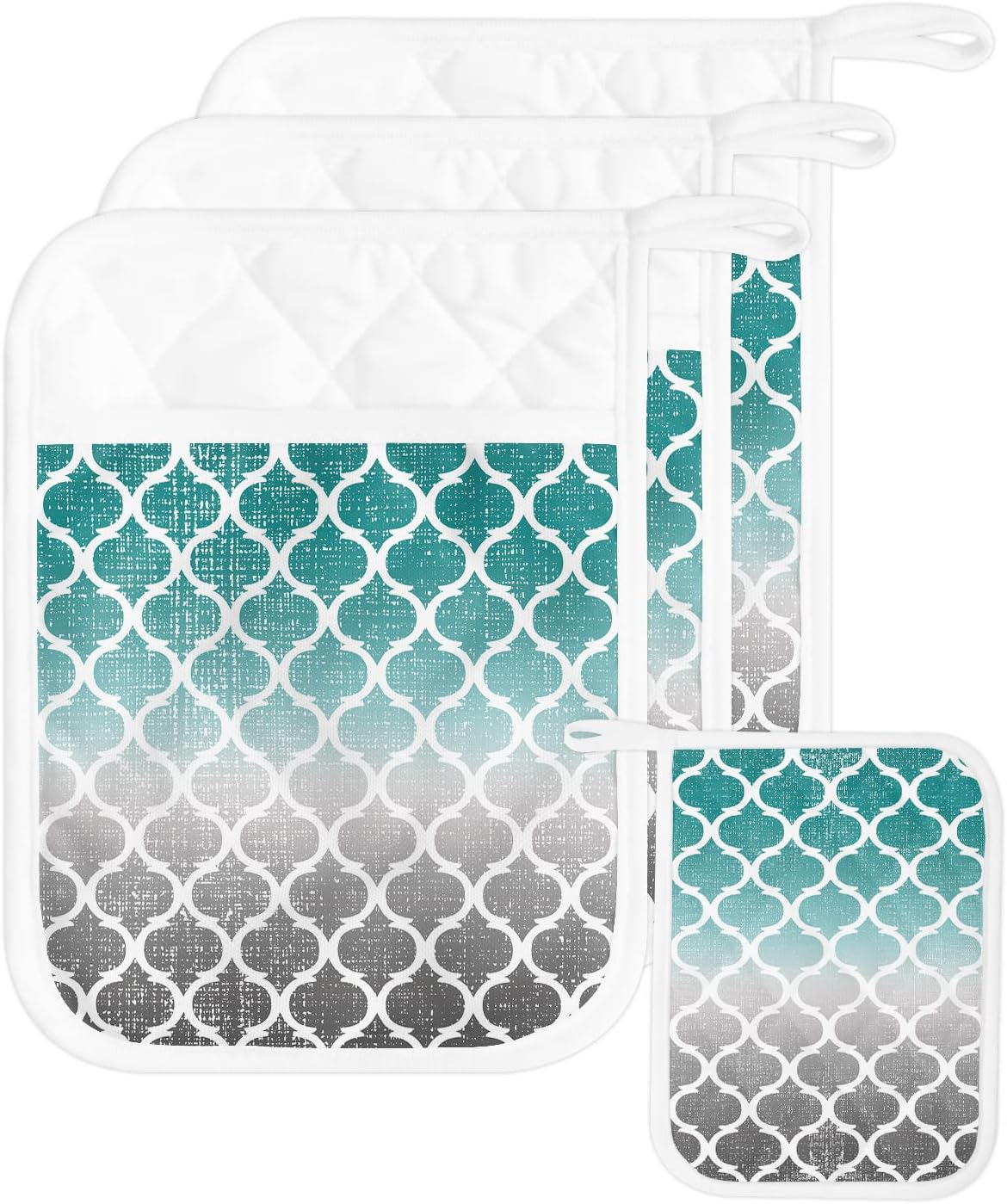 Pot Holders with Pockets, Heat-Resistant Hot Pads for Kitchen, Retro Moroccan Pattern Cyan and Gray Gradient Oven Mitts Pot Holders Sets Potholders for Baking Cooking Pack of 5