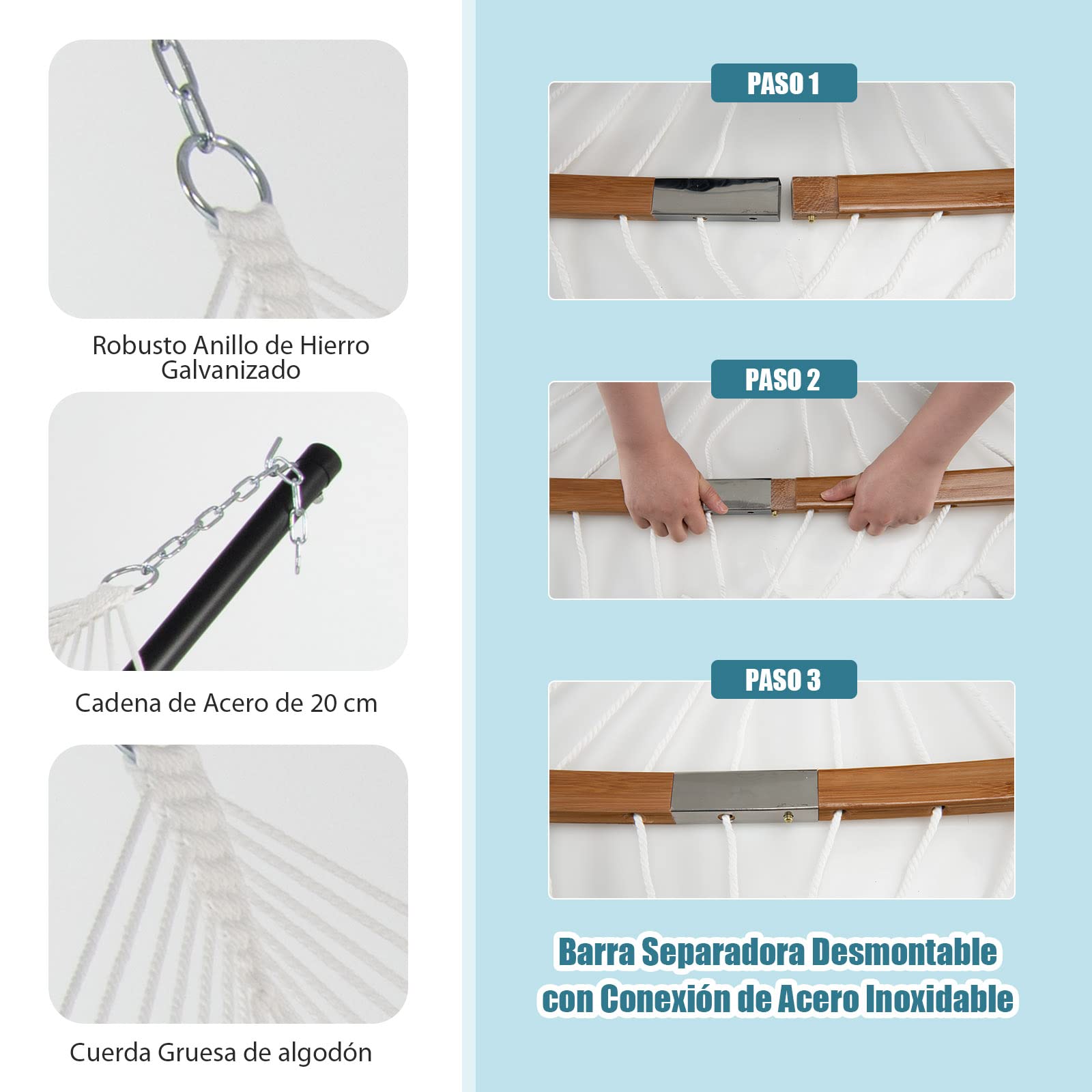 COSTWAY Hamaca Resistente, Hamaca de Exterior con Almohada Desmontable, Barra Separadora en Bambú Curvado, Hamaca Portátil para Patio Playa Jardín 189 x 135 cm, 150 kg (Azul)