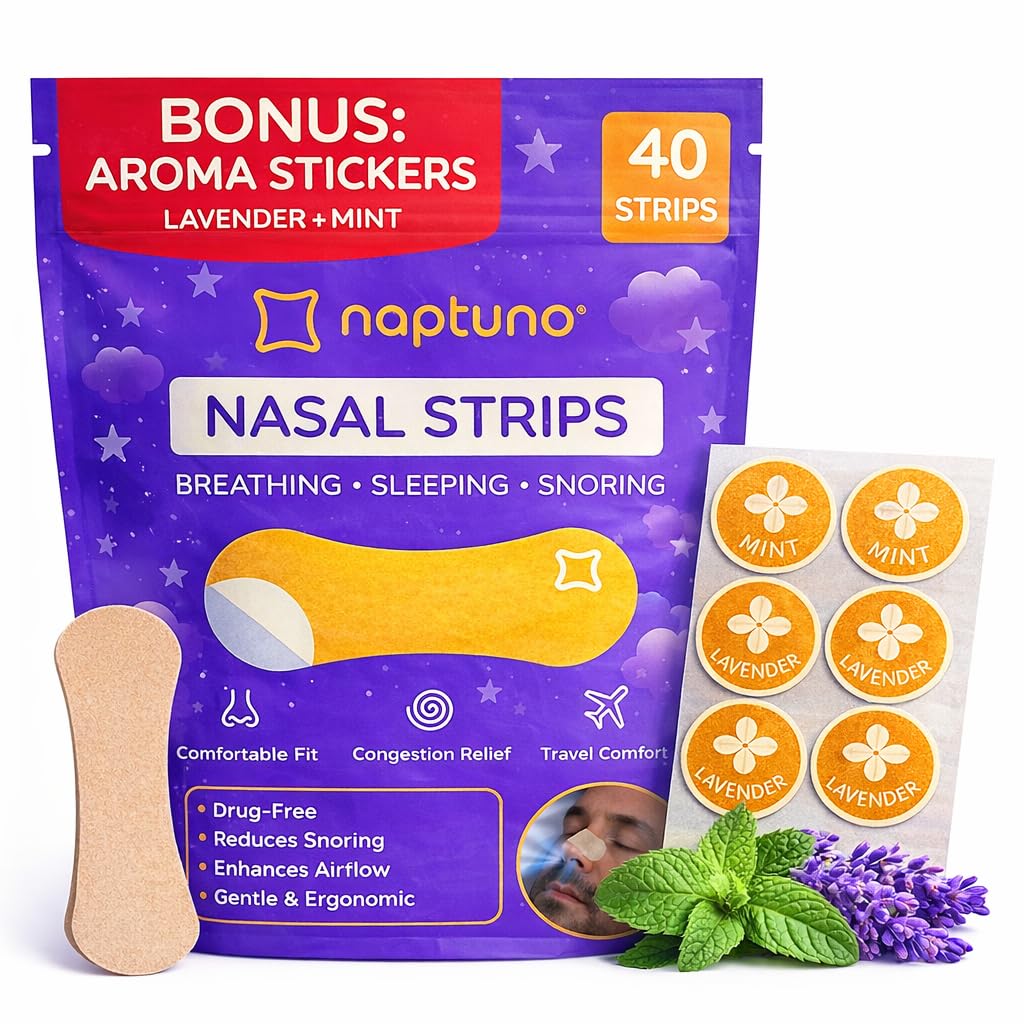 Naptuno Nasal Strips for Snoring Pack of 40 Nose Strips for Breathing Extra Strength for Enhanced Breathing Restful