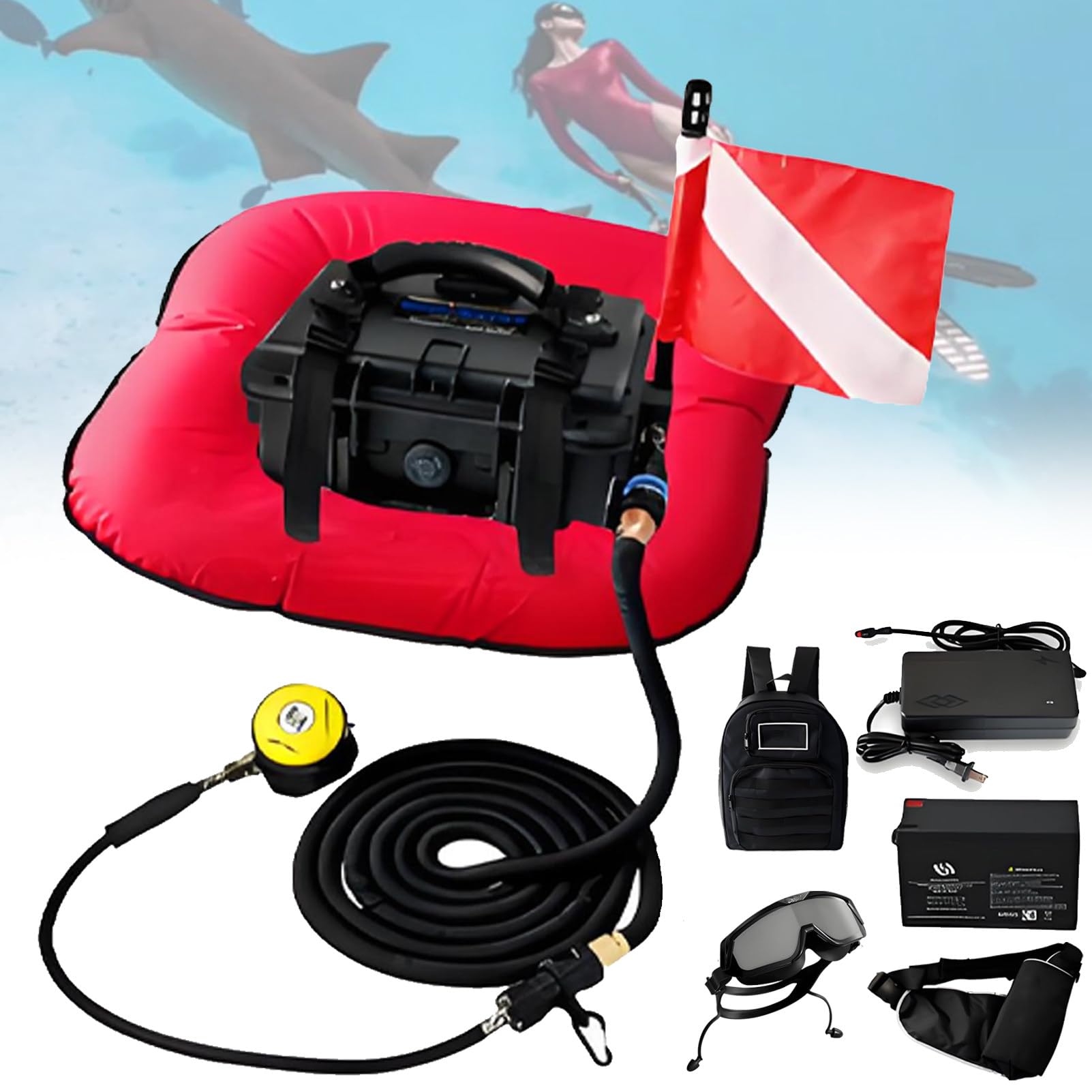 Système de Ventilation pour la plongée sous-Marine, système de plongée sans Bouteille Rechargeable, Longue durée de 70 Minutes, pour la plongée et la pêche. Red-2Battery