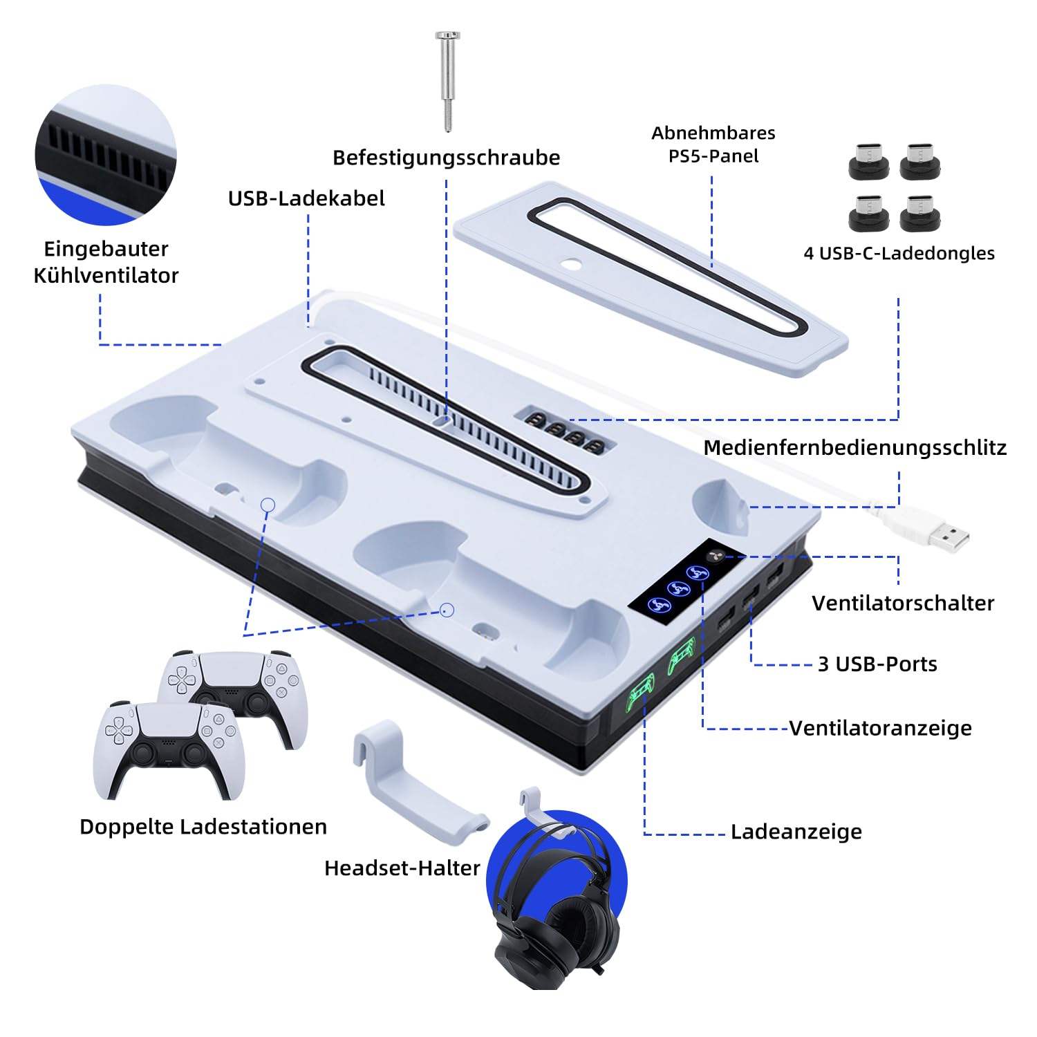 Wigearss PS5/PS5 Slim/PS5 Pro Kühler Standfuß mit Dual Controller Ladegerät, PS5 Controller Ladestation Standfuß mit Lüfter