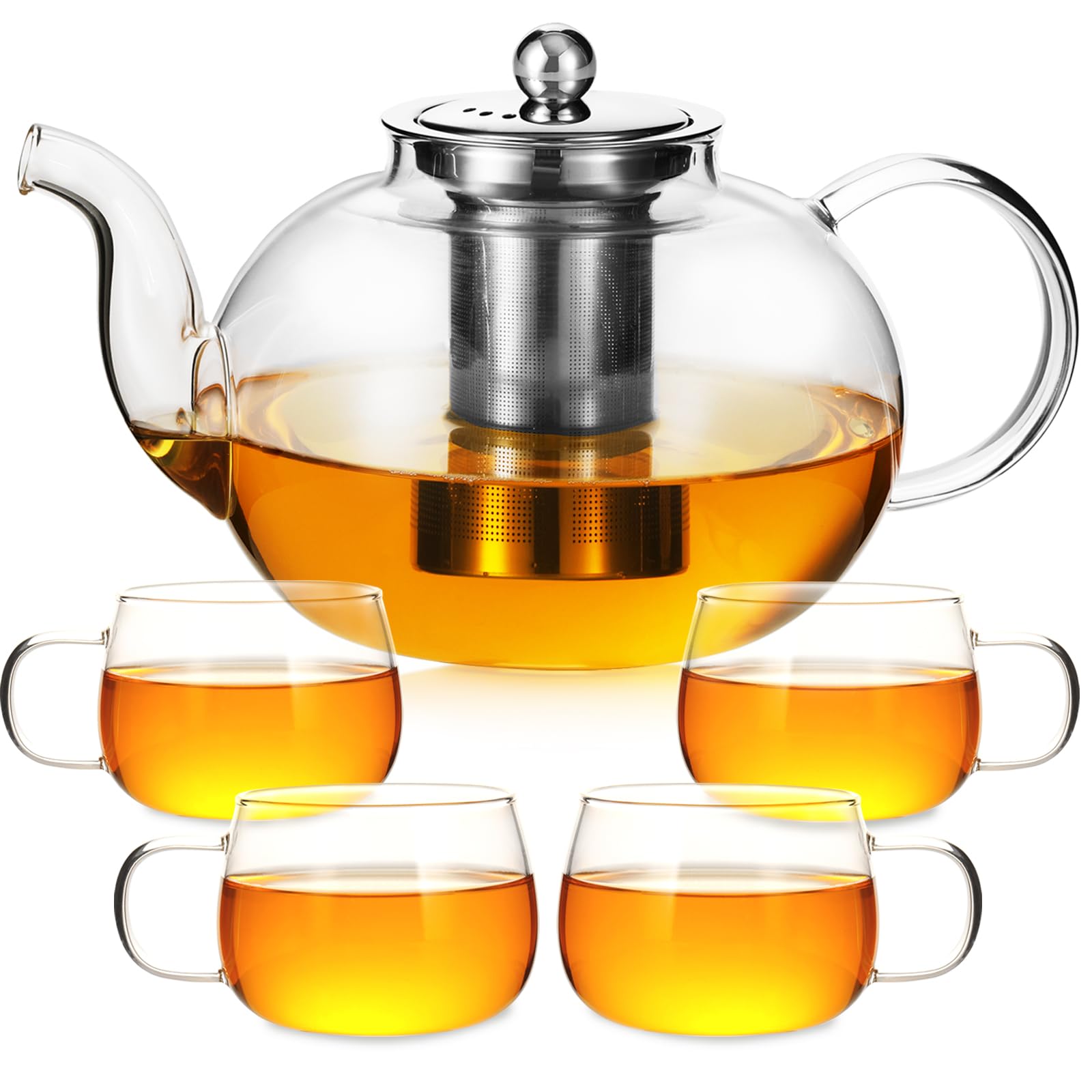 GURUDAR 50OZ/1500ML Glass Teapot Set with 4 Teacups & Removable Stainless Steel Infuser, Stovetop & Microwave Safe Clear Tea Maker Water Kettle with 12OZ/360ML Tea Cups for Loose Leaf Blooming Tea