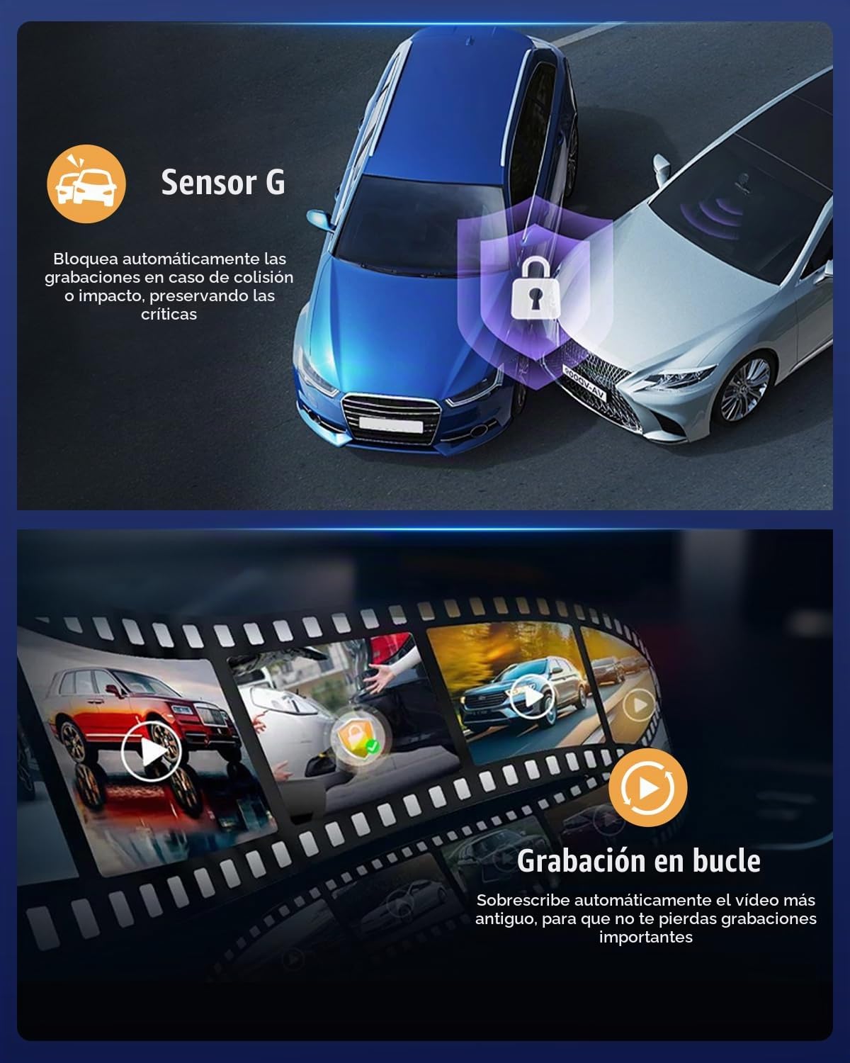 Dashcam Cámara Coche FHD 1080P con WiFi/App Integrada, con Tarjeta SD de 64 GB, Cámara para Salpicadero Delantera e Interior, Grabación en Bucle, Detección de Movimiento y Ajuste de Exposición