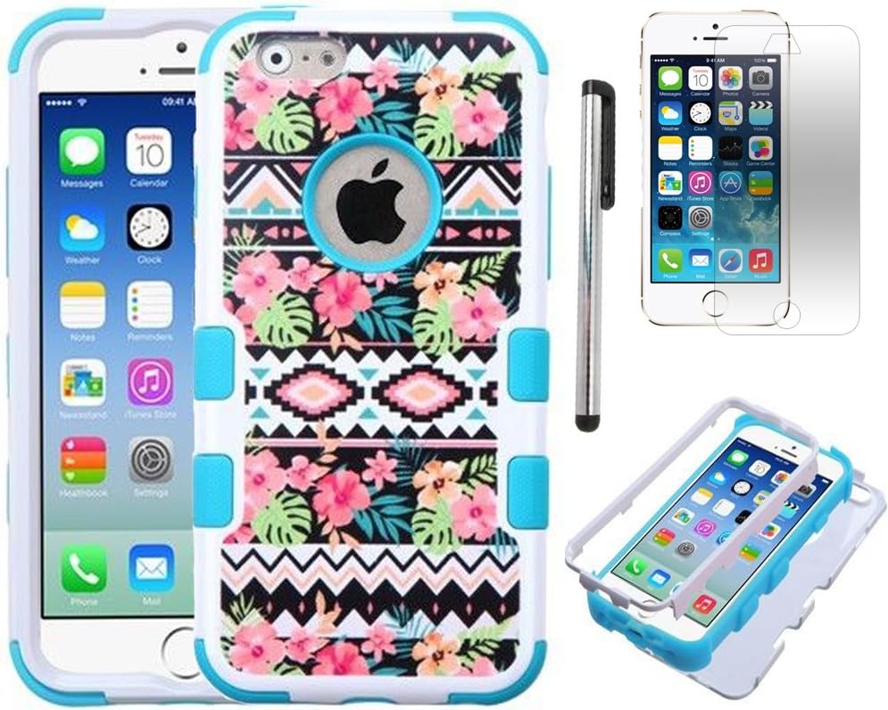 Iphone 6 case, Slim Fit IPhone 6 (4.7 inch) Hybrid Triple Layer Tuff Verge Merge Shield Heavy Duty Hard Cover Fitted Skin Case Protector + Clear LCD Screen Protector Shield Guard + Touch Screen Stylus Pen (Hawaiian Tribal Teal Verge)
