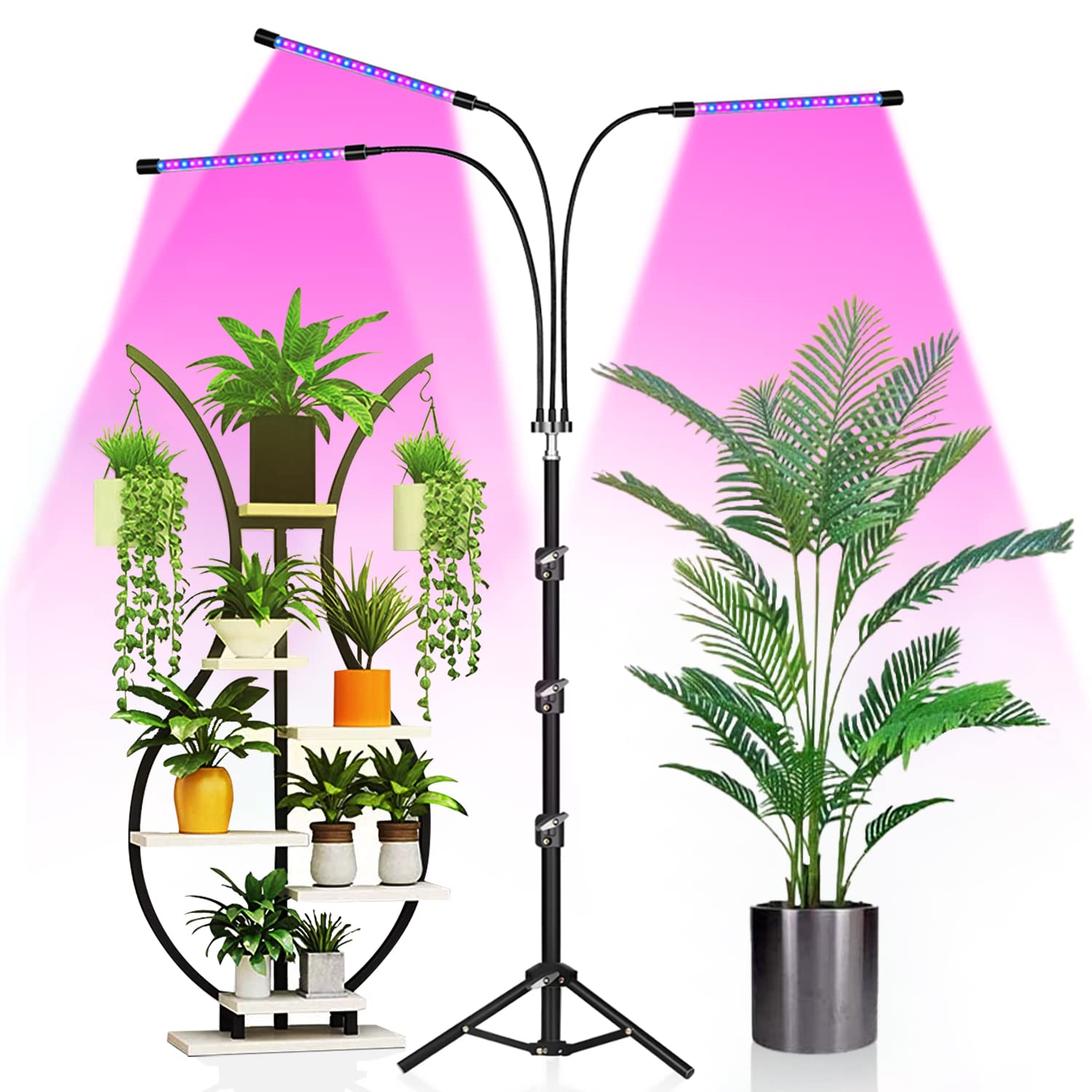 Grow Lights for Indoor Plants , SUWITU 3-Head 60W Full Spectrum UV Plant Light Floor Grow Lamp Indoor with Adjustable Tripod Stand 15-48In, 3/9/12H Timers, 3 Switch Modes,10-Level Dimmable