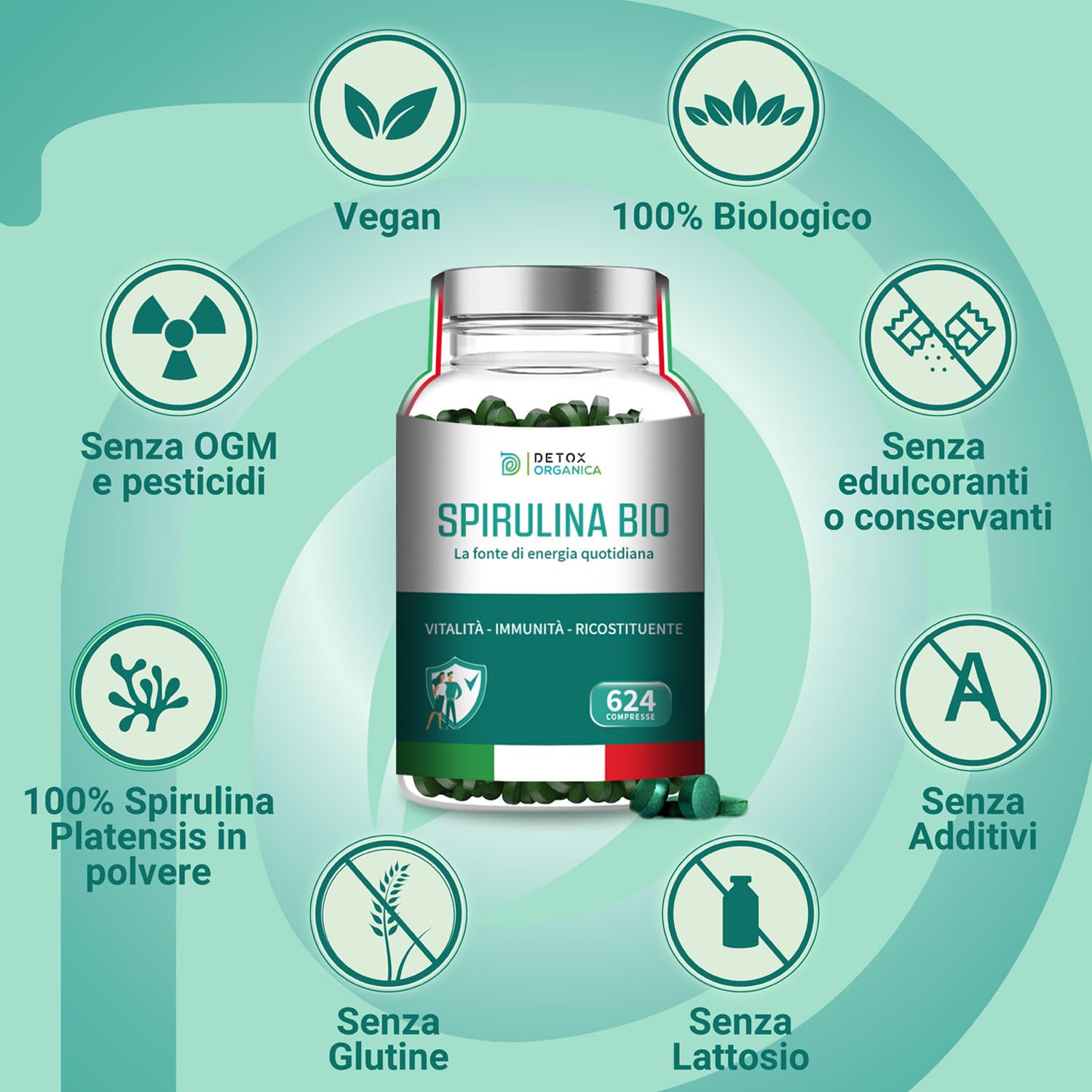 Detox Organica - Spirulina in polvere BIO 250g - Ricca di Ficocianina, Ferro, Vitamine, Minerali, Proteine - Alga Spirulina Pura | Prodotta in Germania (Compresse)