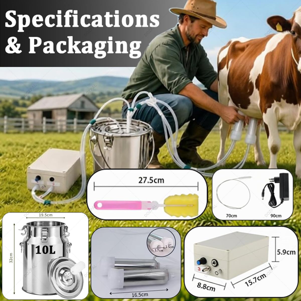 Mungitrice per Mucche e capre, mungitrice Domestica a Doppia Testa con Secchio in Acciaio Inox da 10L/14L, Funzione di Arresto Automatico, mungitrice elettrica a pulsazione Portatile Cow-10L