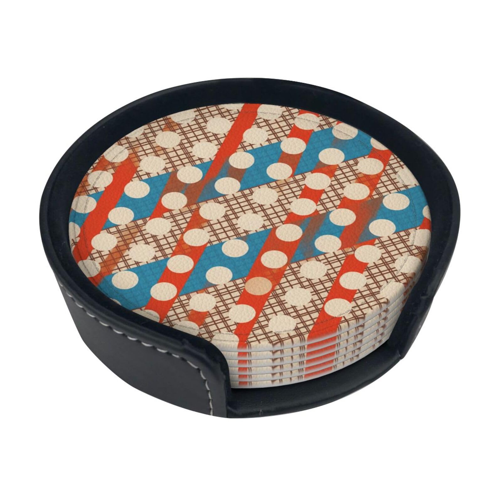 Cntdbu White Dot Plaid Leather Coasters Set Of 6-Pu Leather Drink Mats For Table, Heat Resistant Round Coasters With Holder