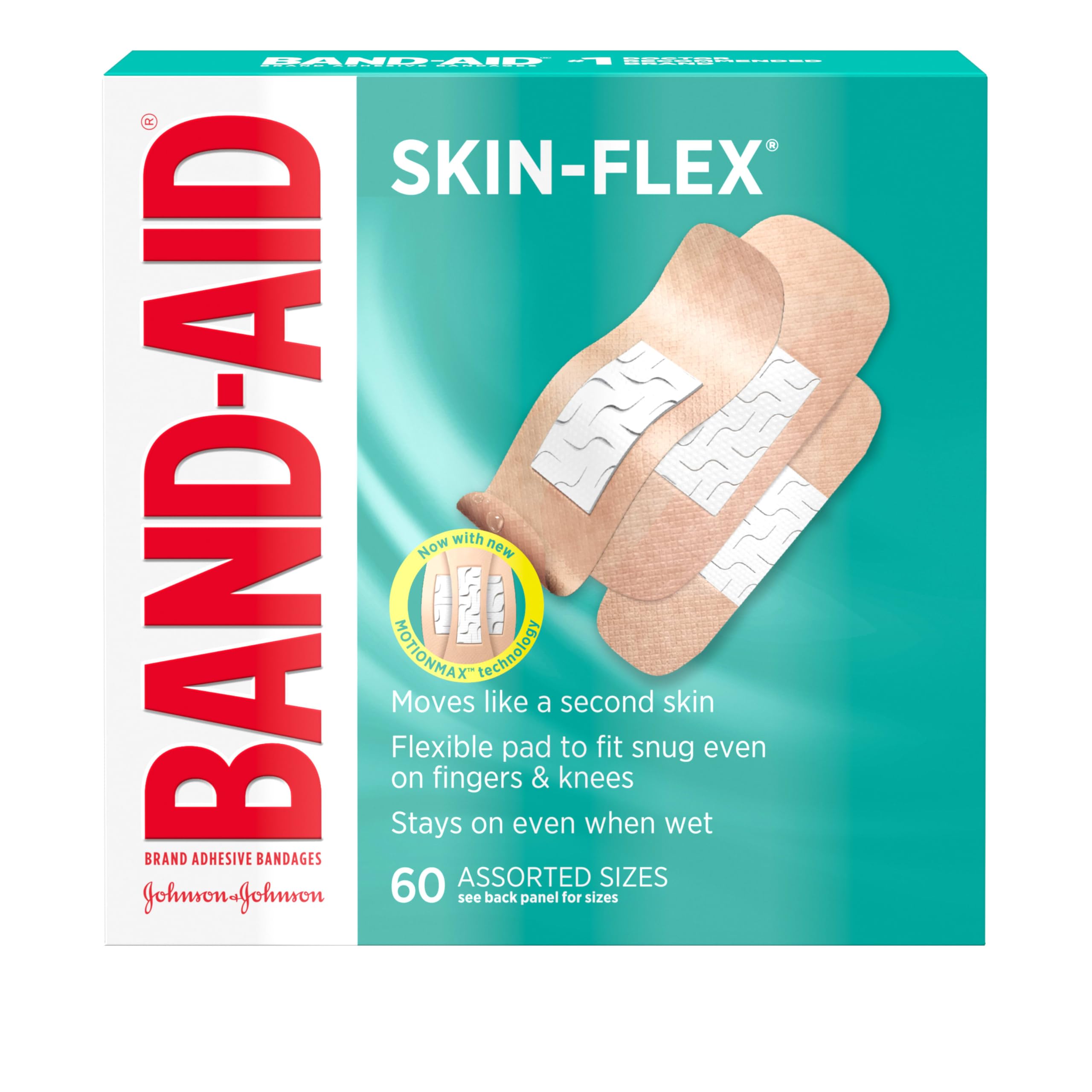 Band-Aid Brand Skin-Flex Adhesive Bandages for First Aid & Wound Care of Minor Cuts, Scrapes & Burns, Flexible Sterile Bandages Great for Fingers, Hands & Knees, Assorted Sizes, 60 ct