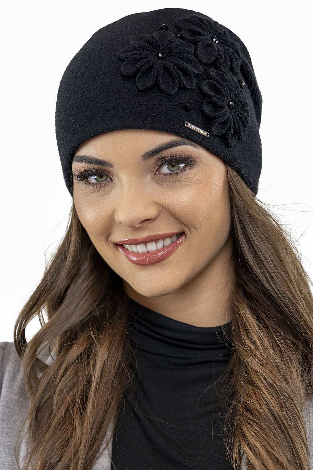 VIVISENCE Bonnet Femme Automne Hiver en Laine Élégant Et À La Mode Protection Contre Le Froid Applications Florales Ajustement Parfait Idéal Et comme Idée Cadeau 7053