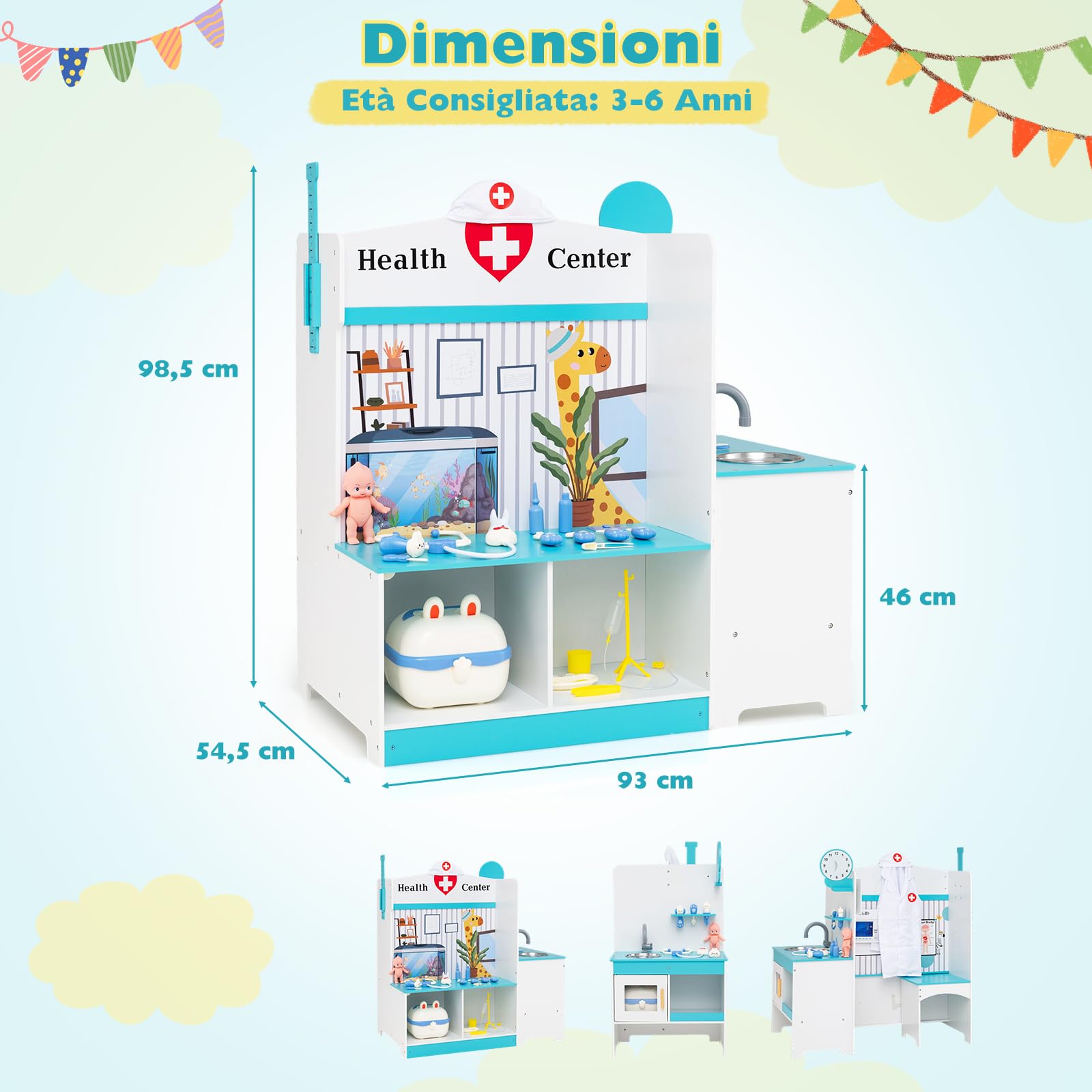 COSTWAY Kit Dottoressa Bambini a Tre Facce, Centro Medico Giocattolo in Legno con Monitor ECG, Rubinetto e 27 Accessori, Luci e Suoni, Regalo Bambini 3-6 Anni, 93 x 54,5 x 98,5 cm
