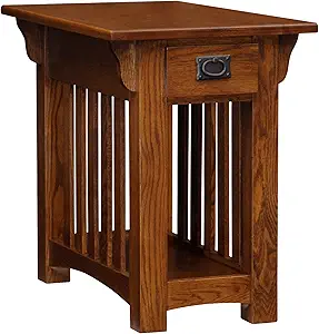 Leick Home Mission Impeccable End Table, Solid Wood Side Table with Drawer & Shelf, Slatted Sides, Blackened Hardware, Easy Assembly, Medium Oak Finish, 17 in L x 25 in W x 23 in H, 8206