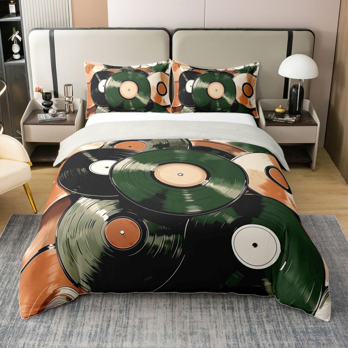 Homewish Set di biancheria da letto per letto super king size vintage con dischi in vinile retrò Art Coton copripiumino semplice e alla moda per amanti della musica