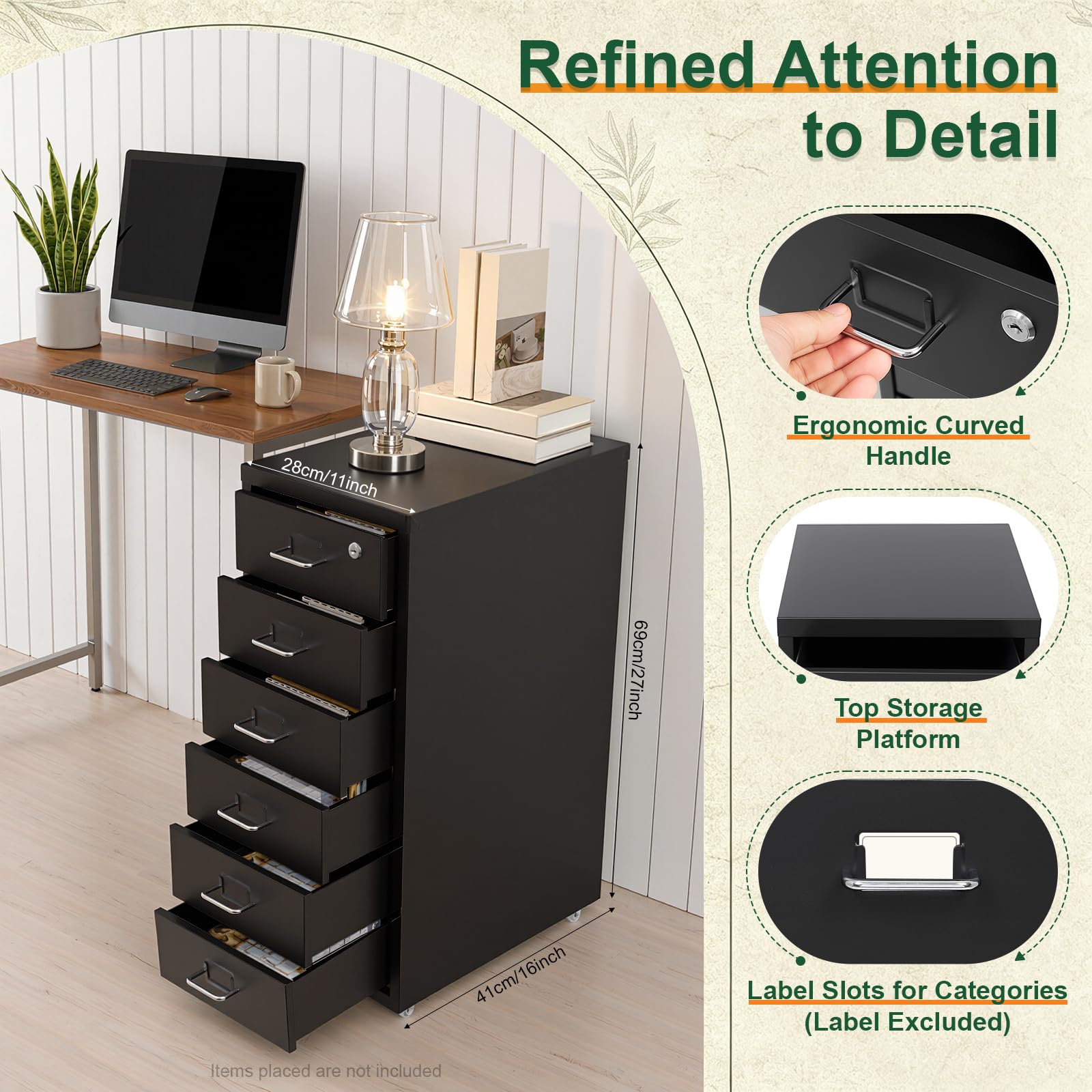 6 Ebenen Mobiler Vertikal Aktenschränke Aufbewahrungsschrank für Homeoffice | Rollcontainer, Metall Aktenschrank mit Schloss, 8-10kg pro Fach, für Homeoffice, Büro, 28x41x69cm, Schwarz