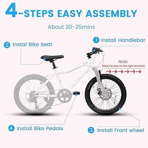 Miniatura 9 de Bicicleta de montaña de 20 pulgadas para niños de 6 a 10 años, 7 velocidades con neumáticos gruesos para niños y niñas, freno en V, bicicleta de