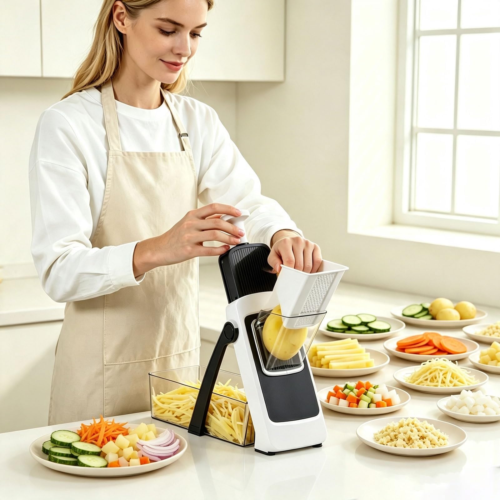 Picadora cortadora de alimentos, espesor ajustable de 0-8 mm con modos de corte 4 en 1