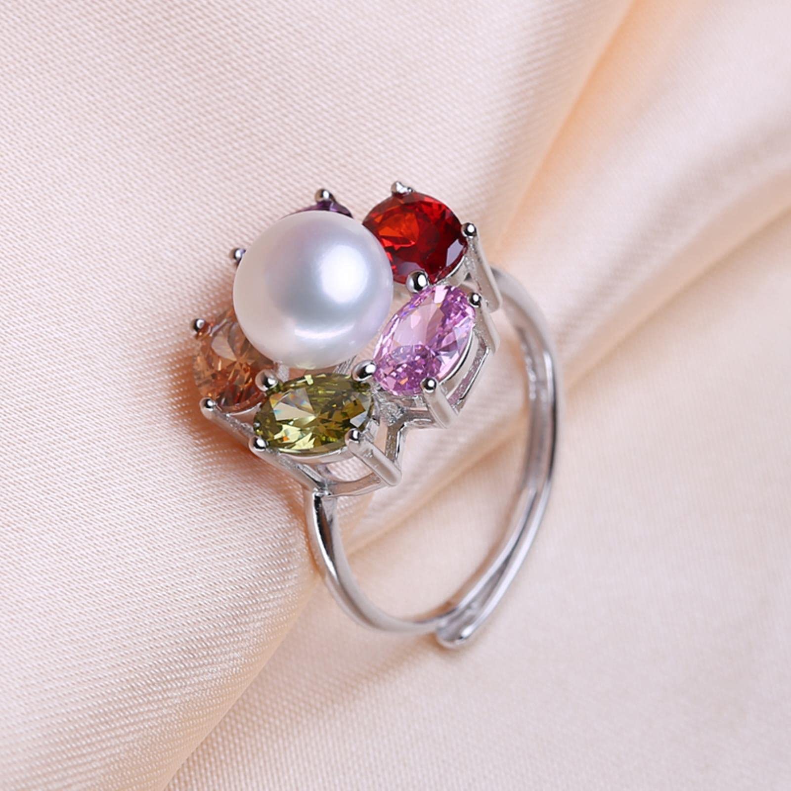 Set di Gioielli in Argento Sterling 925 con Perle Orecchini A Bottone con Perle Naturali per Le Donne Anello da Festa con Ciondolo Fiore Colorato