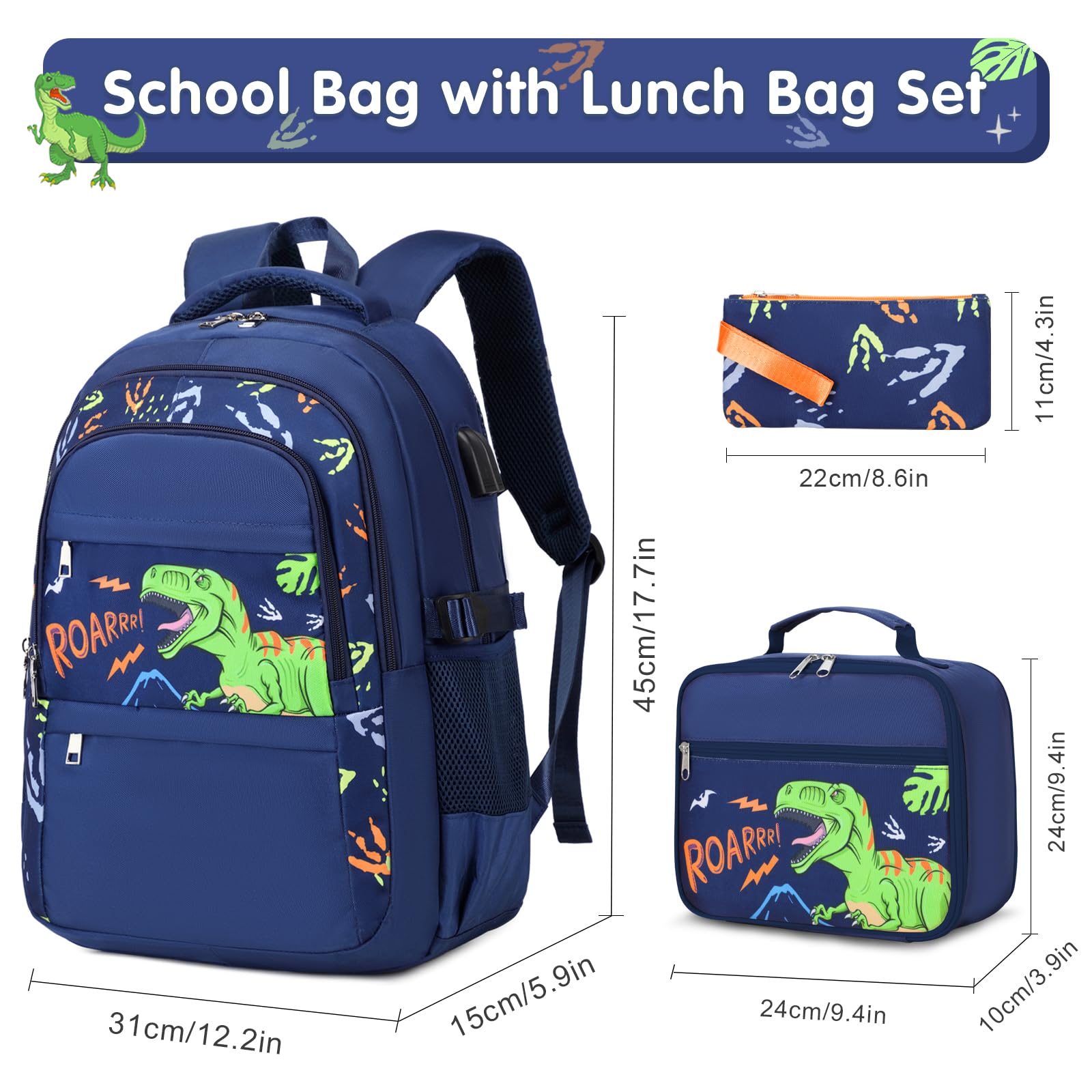 ACESAK Boys Dinosaur Backpack - 3PCS School Backpack Set With Lunch Box and Pencil Case for Kindergarten, Elementary, Preschool, Middle School