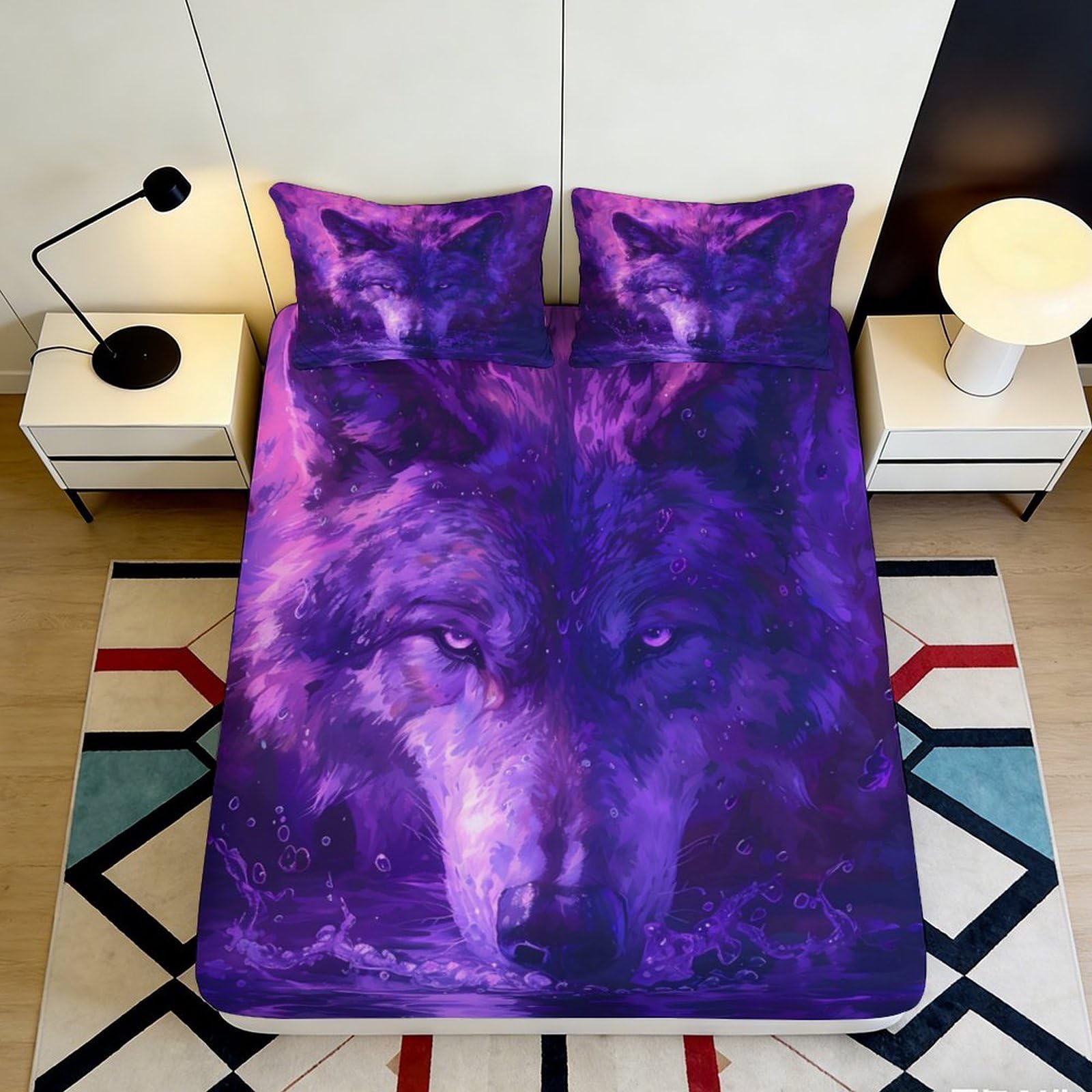 Rqzkjxnhpf Style-1 3D Printed Purple Wolf Fitted Sheet Microfiber Deep Pocket Non-Slip Bedding Wolf Mattress Fitted Cover Elastic Hem Washable For Adults Teens 200X200x25cm 90X200x25cm