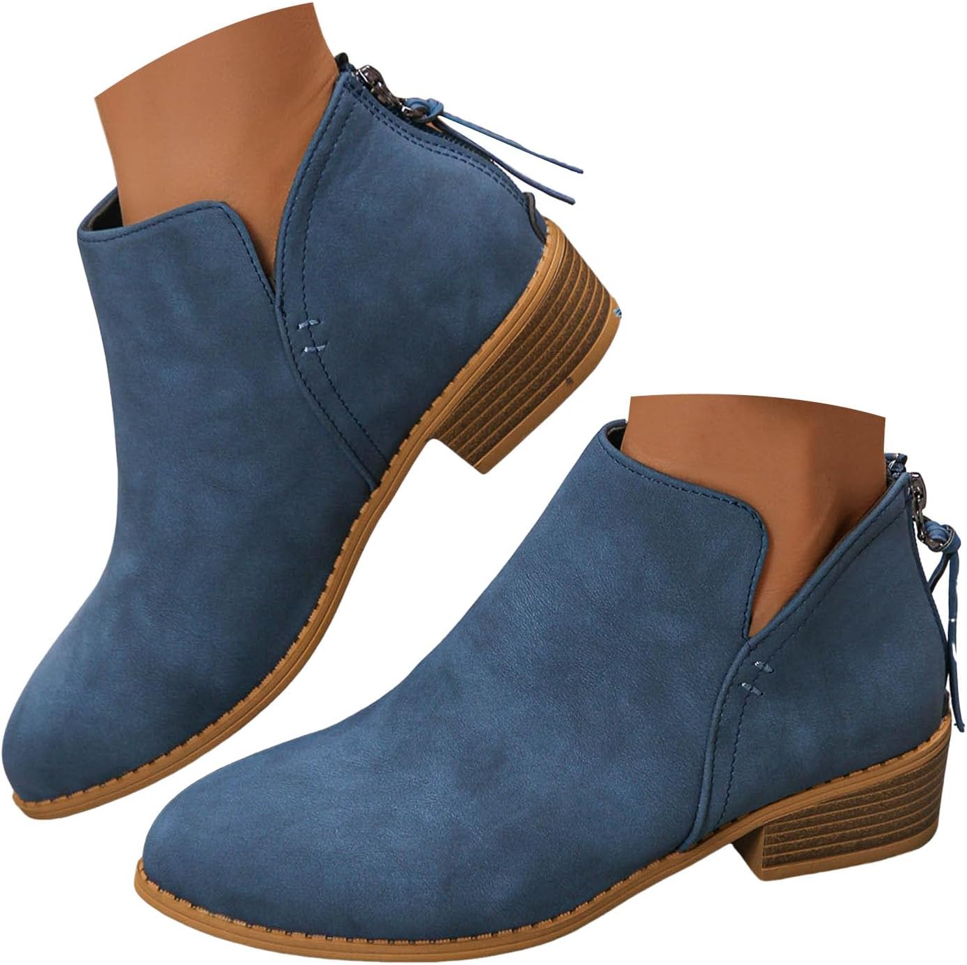 Ankle Booties for Women Casual Dress Low Heeled Booties Side V Cutout Comfortable Slip on Short Boots Fashion Suede Chunky Stacked Heel Back Zipper Pull-On Western Boots Shoes